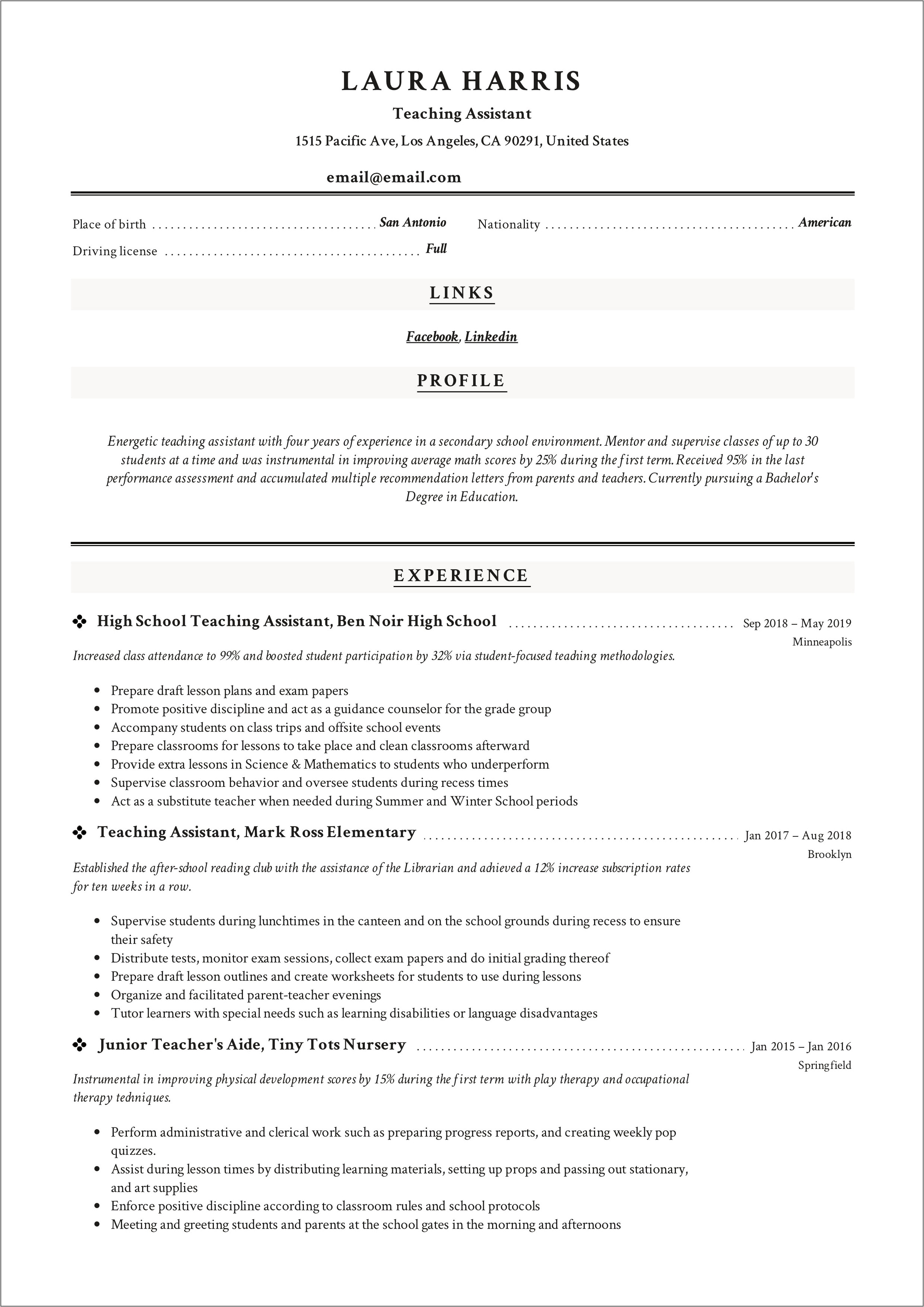Skills For Teaching Assistant Resume