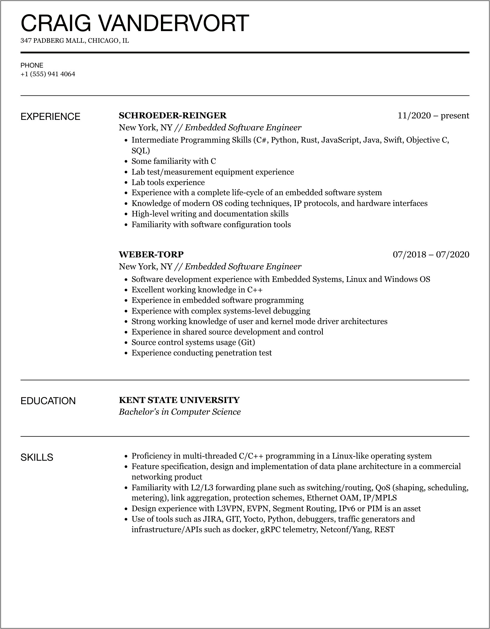 Software Engineer Resume Examples 2018