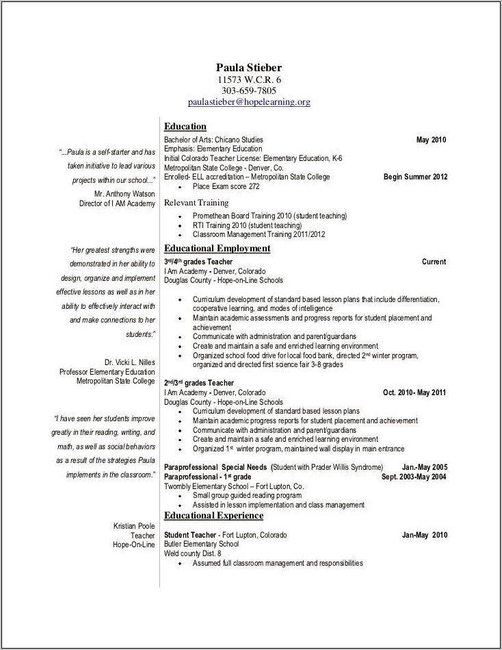 Special Education Paraprofessional Resume Example