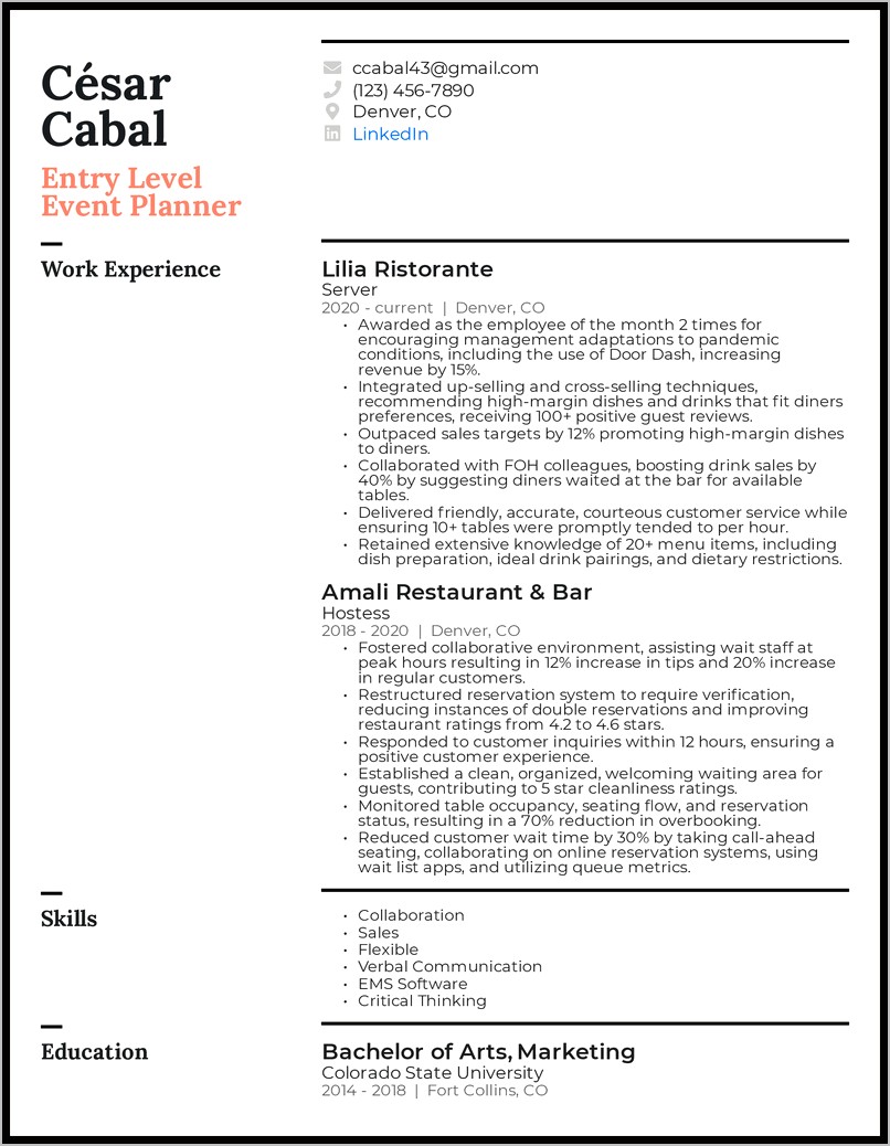 Special Events Planner Resume Example