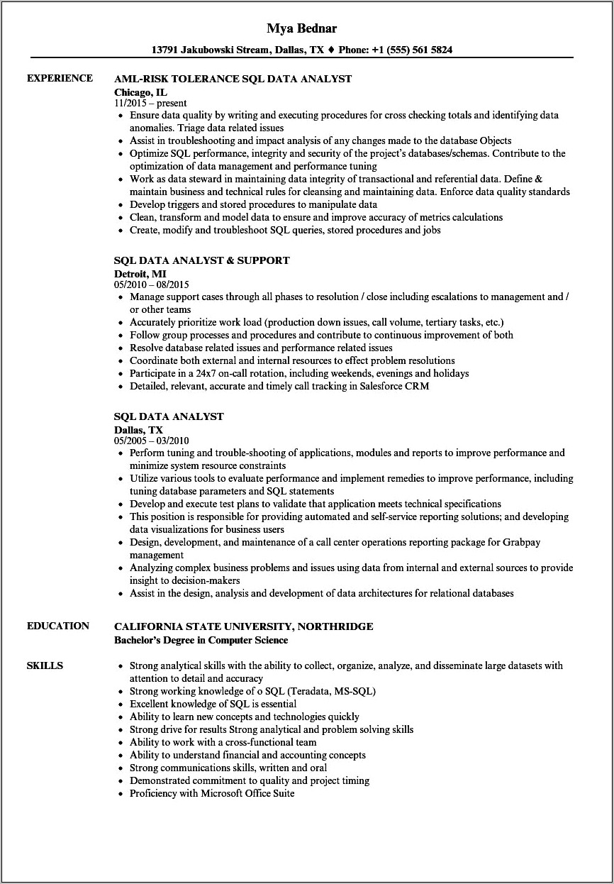 Sql Reporting Analyst Resume Sample