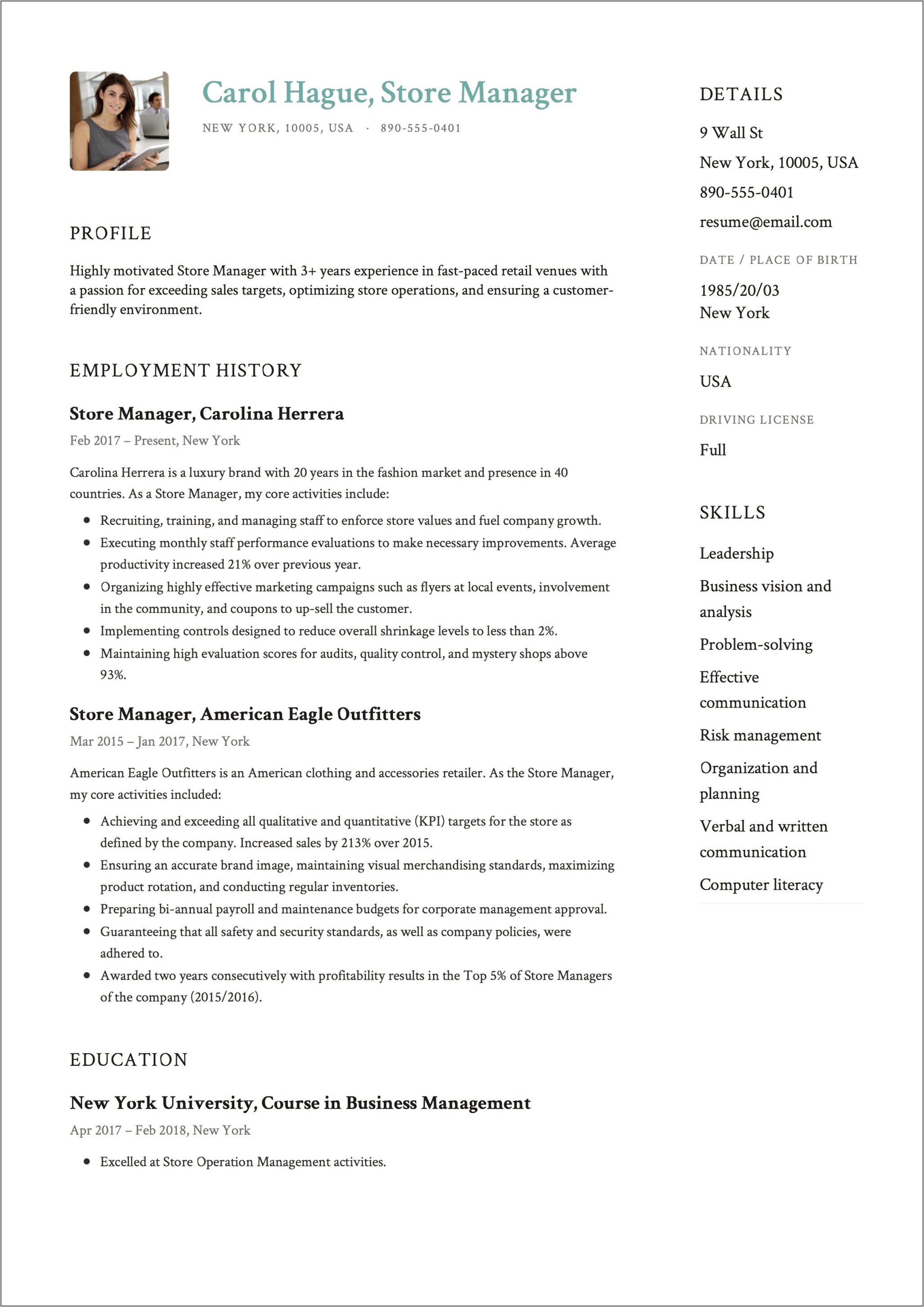 Store Manager Duties For Resume