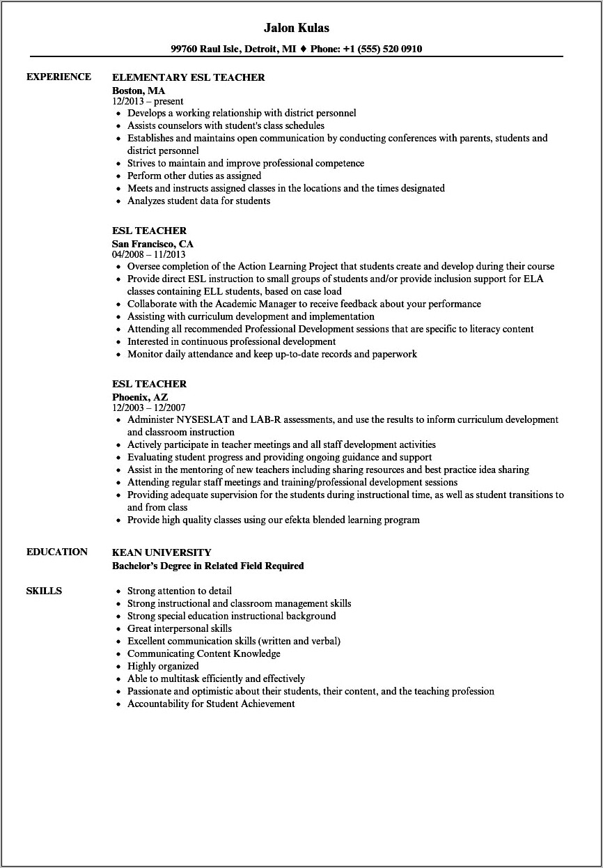 Student Teacher Job Description Resume