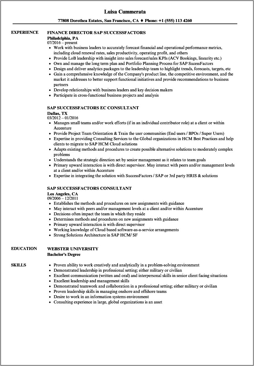 Successfactors Employee Central Sample Resume
