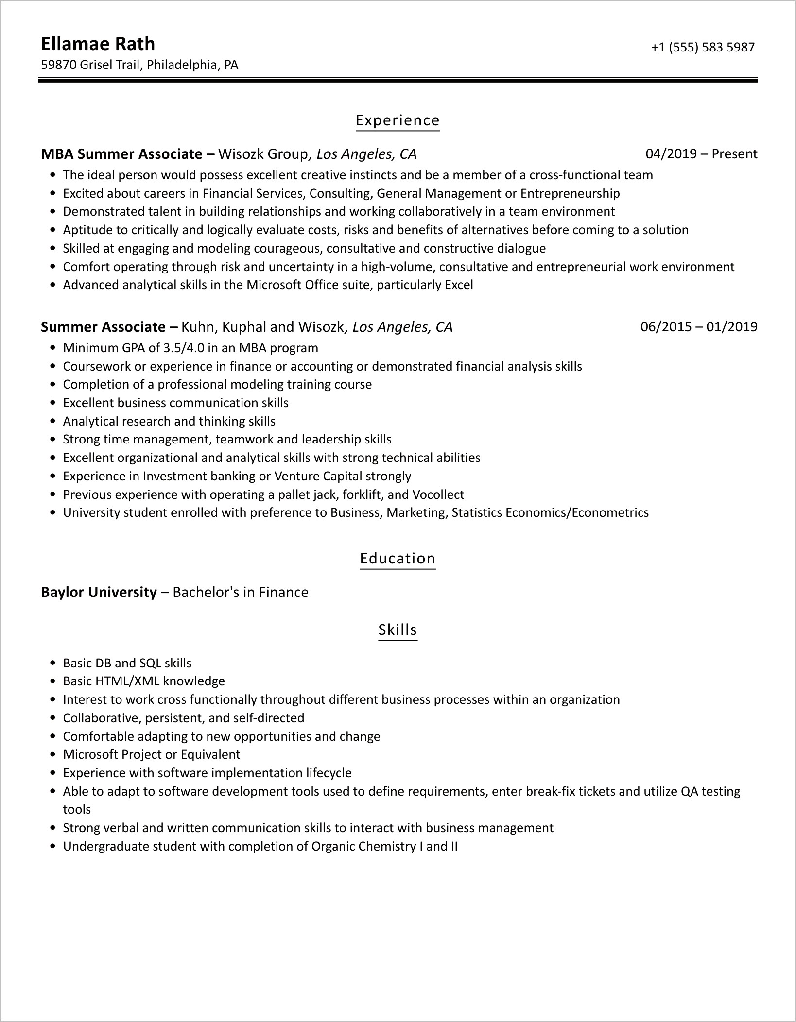 Summer Associate Job Description Resume