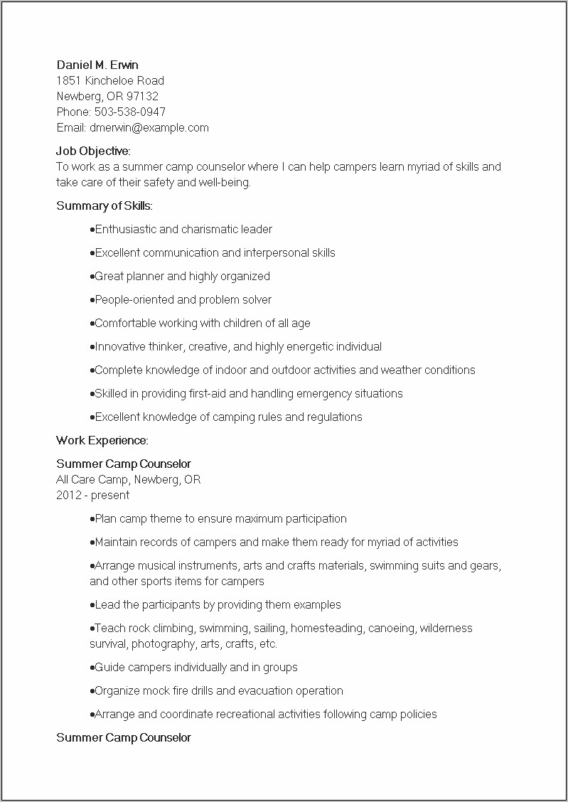 Summer Camp Counselor Objective Resume