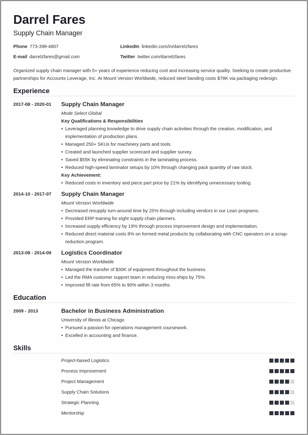 Supply Chain Management Professional Resume