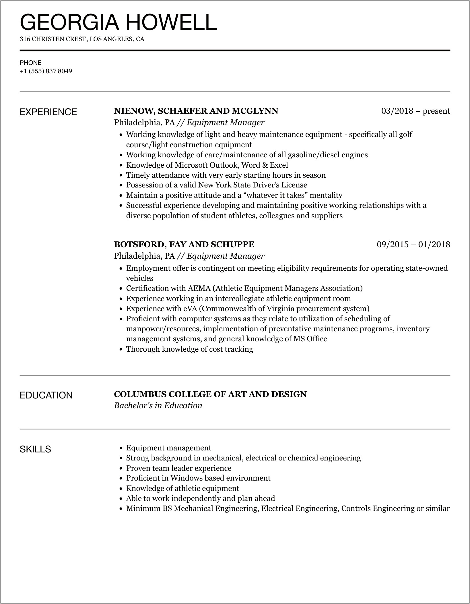 Support Equipment Asset Manager Resume