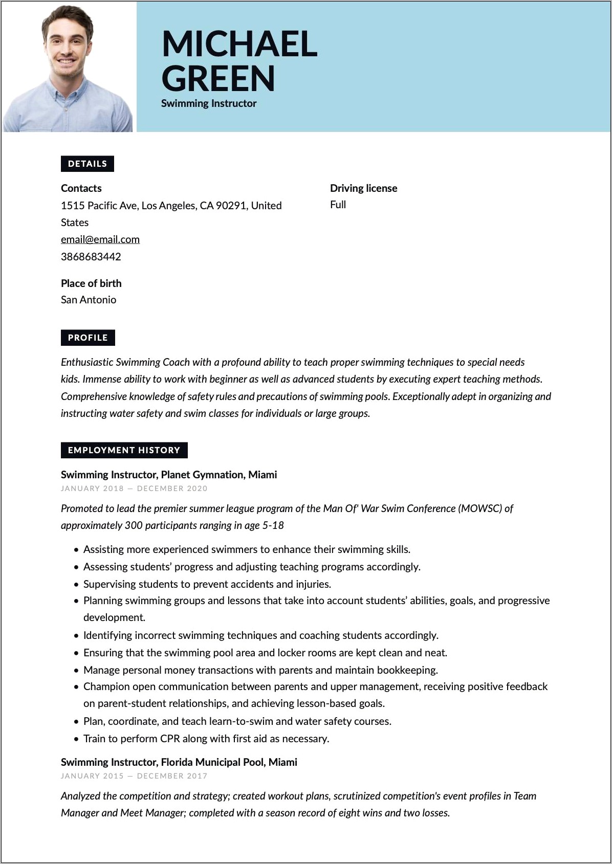 Swim Instructor Job Description Resume