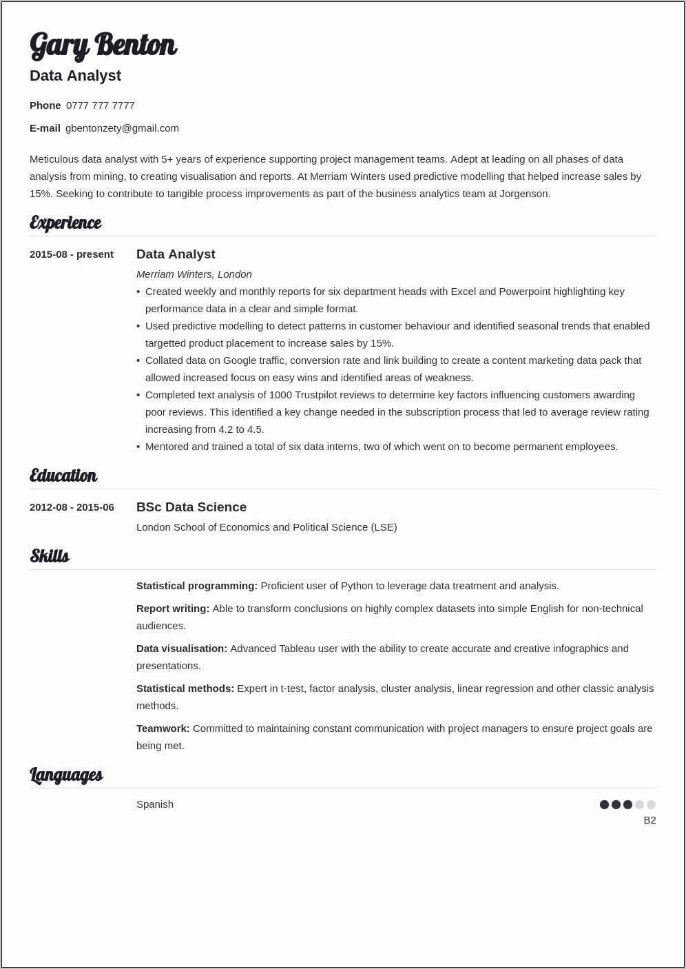 Tableau Data Analyst Resume Examples