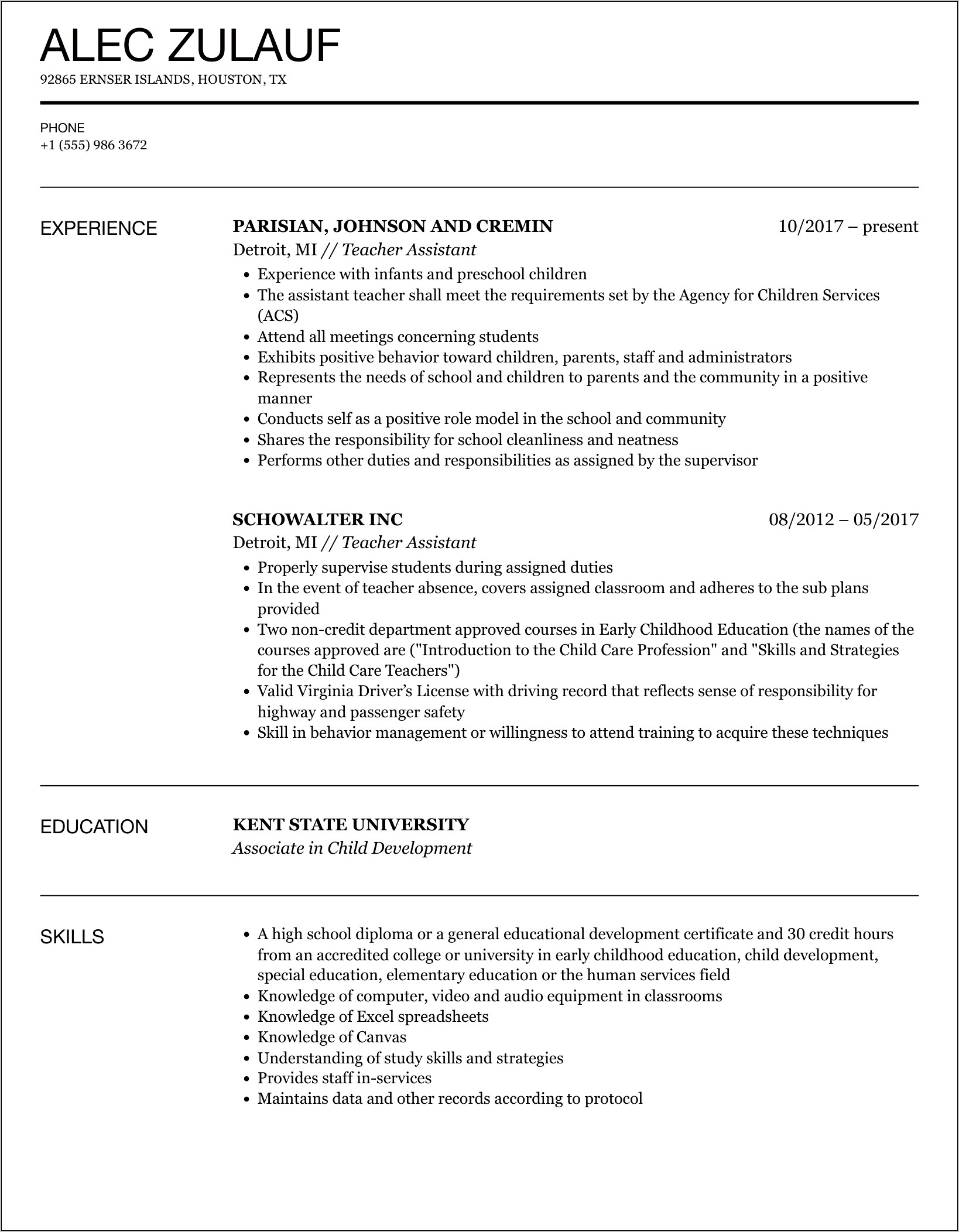 Teaching Assistant Experience Resume Sample