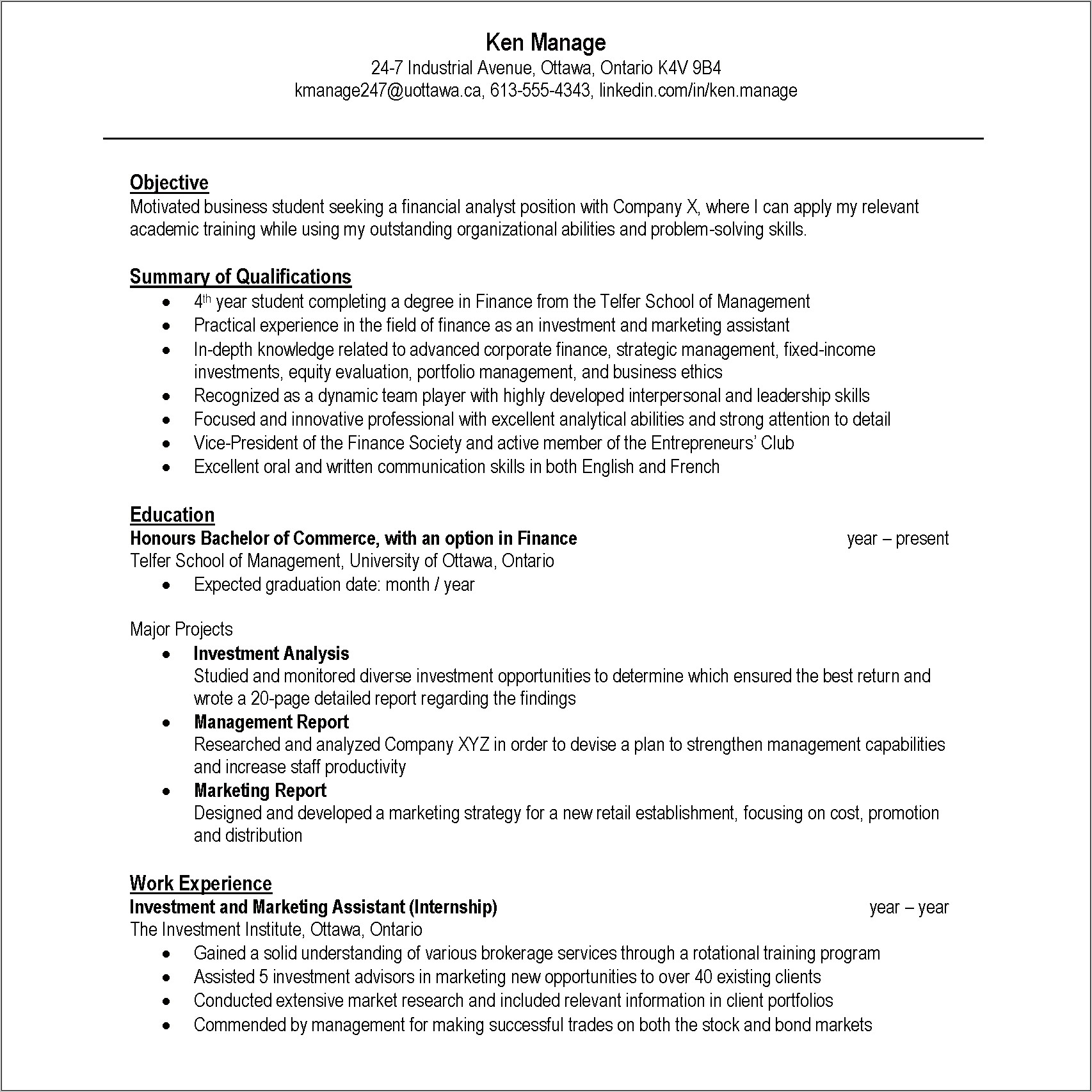 Telfer School Of Management Resume