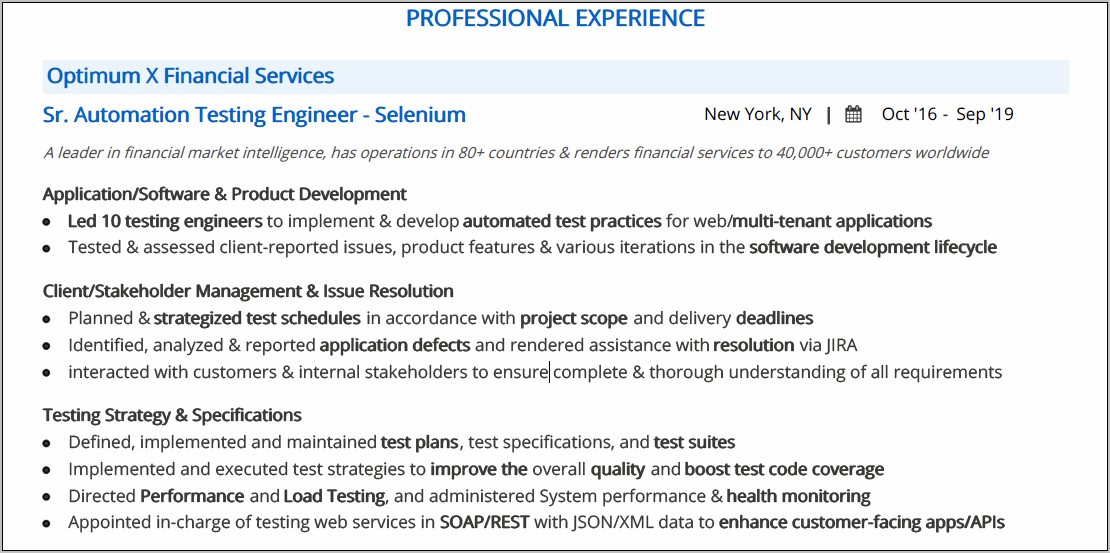 Test Automation Developer Resume Sample