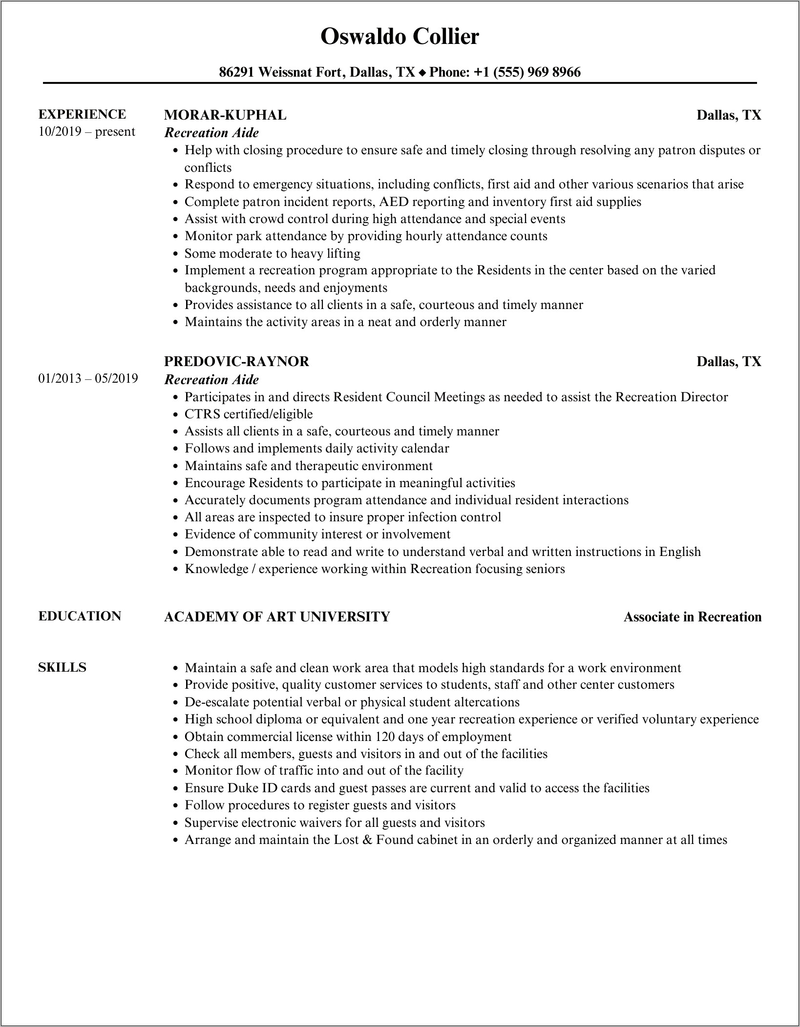 Therapeutic Recreation Aide Resume Samples