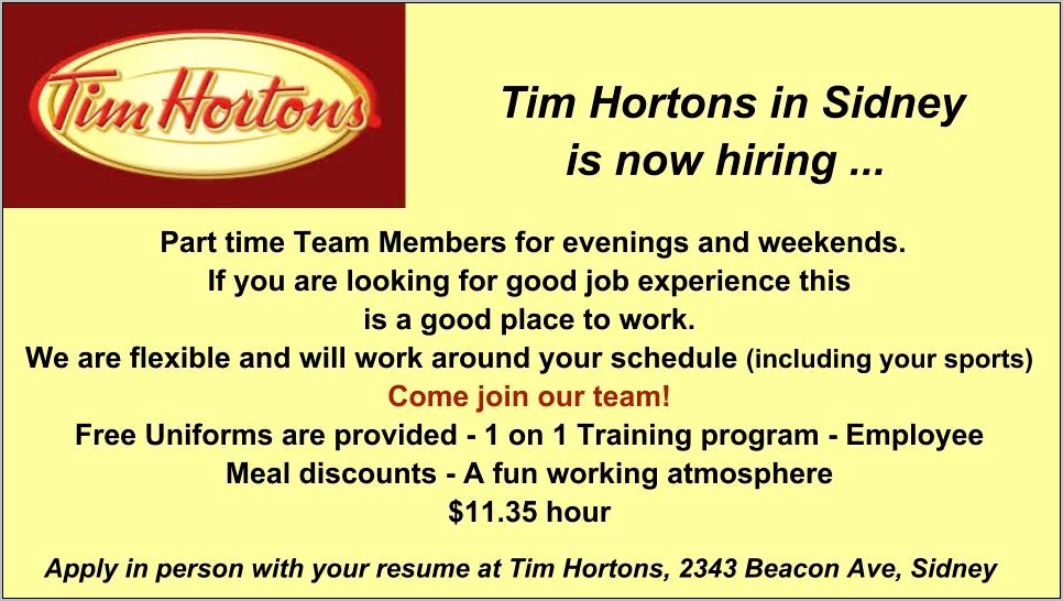 Tim Hortons Manager Resume Sample