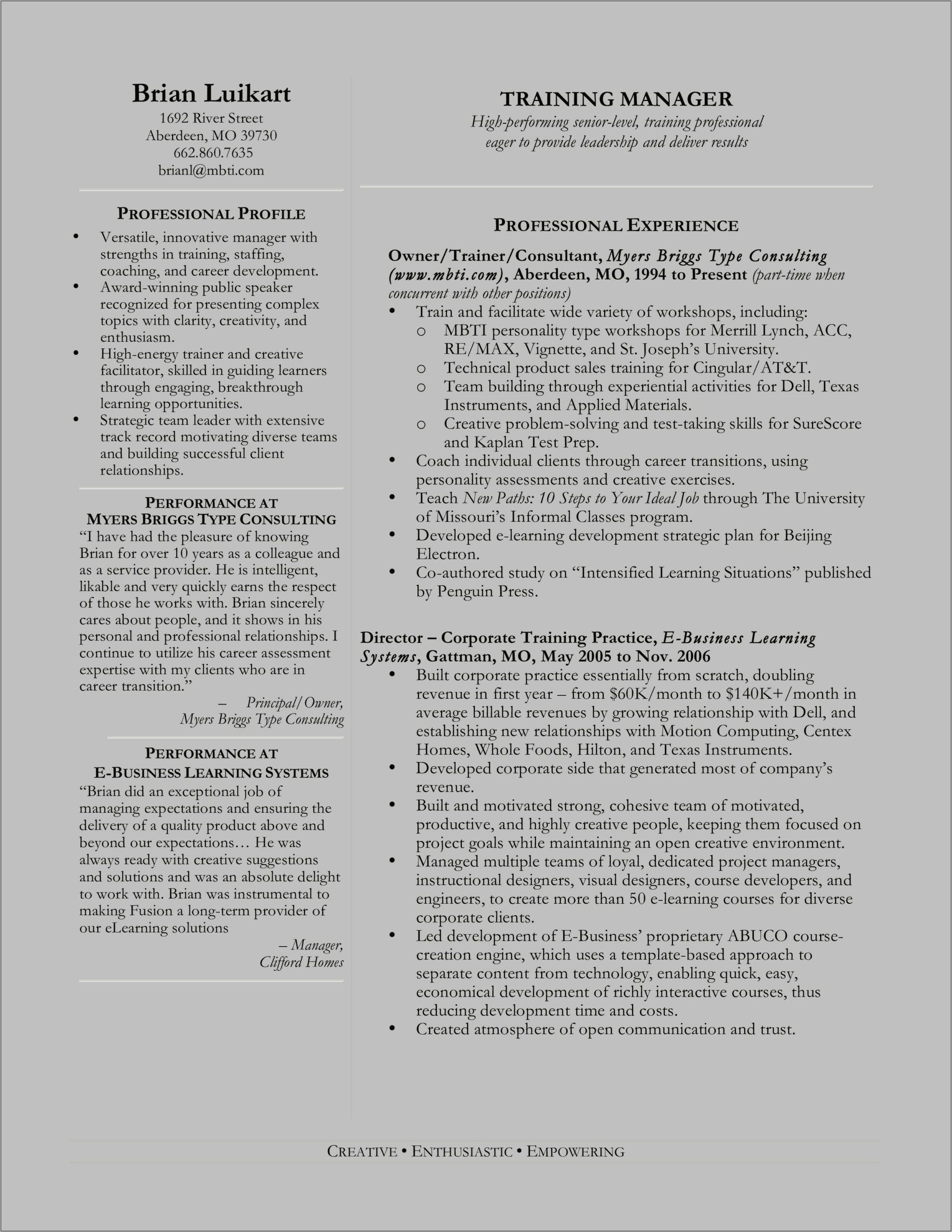 Training And Quality Manager Resume