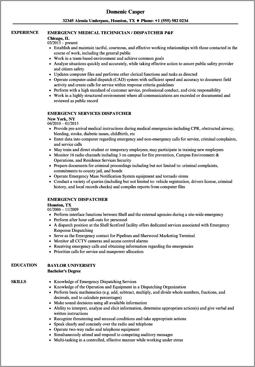 Transportation Dispatcher Job Description Resume