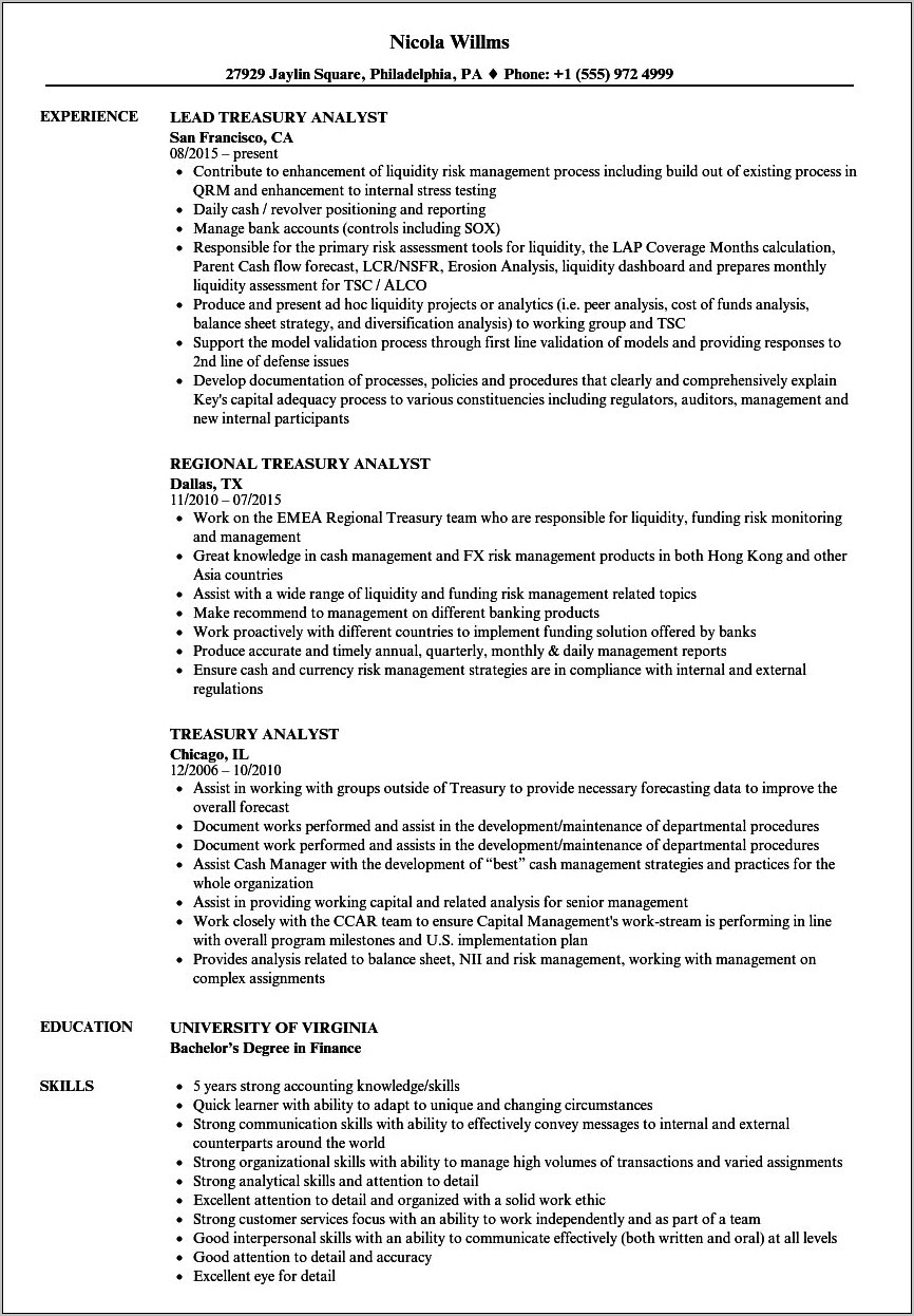 Treasury Back Office Sample Resume