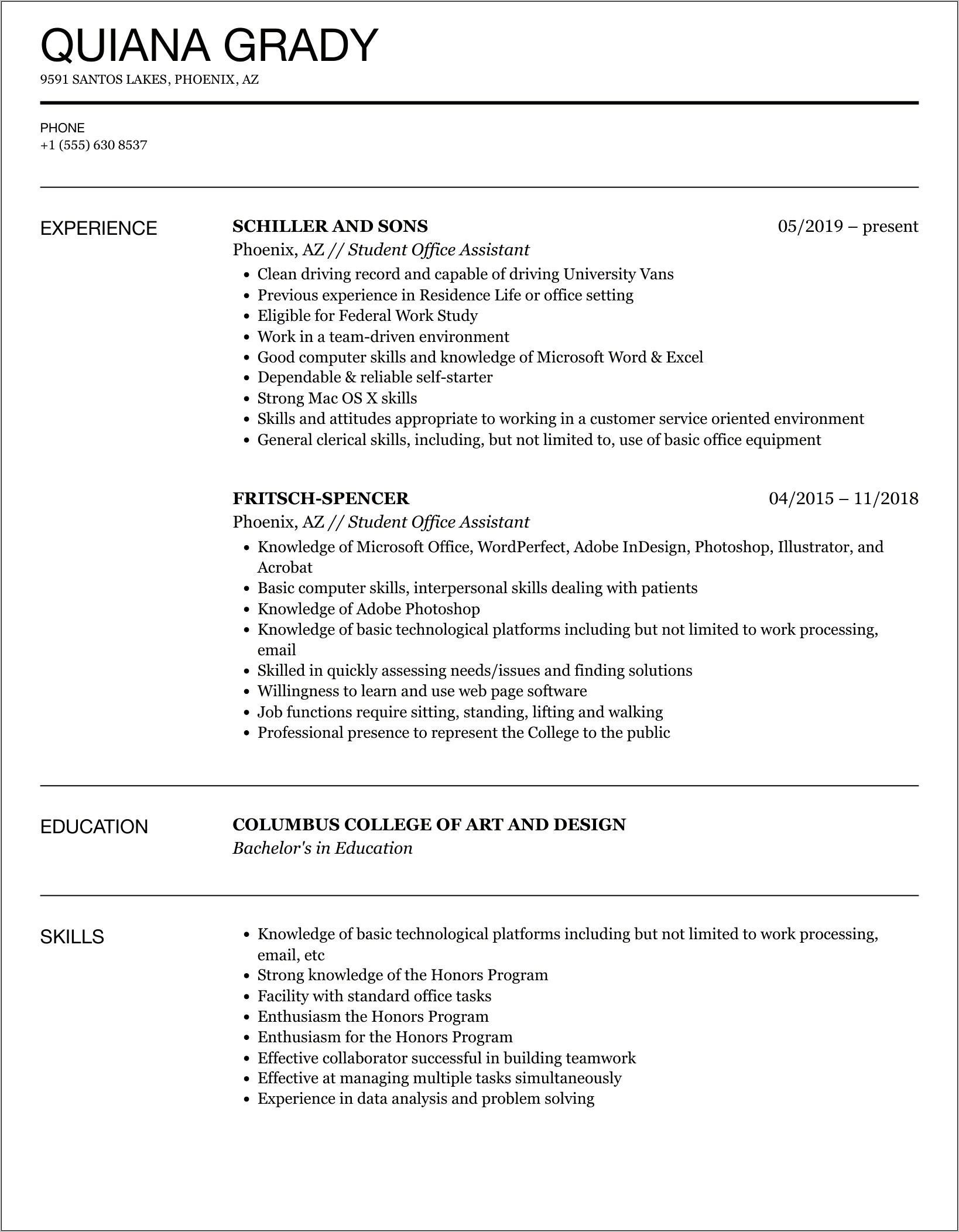 Undergrad Office Assistant Sample Resume