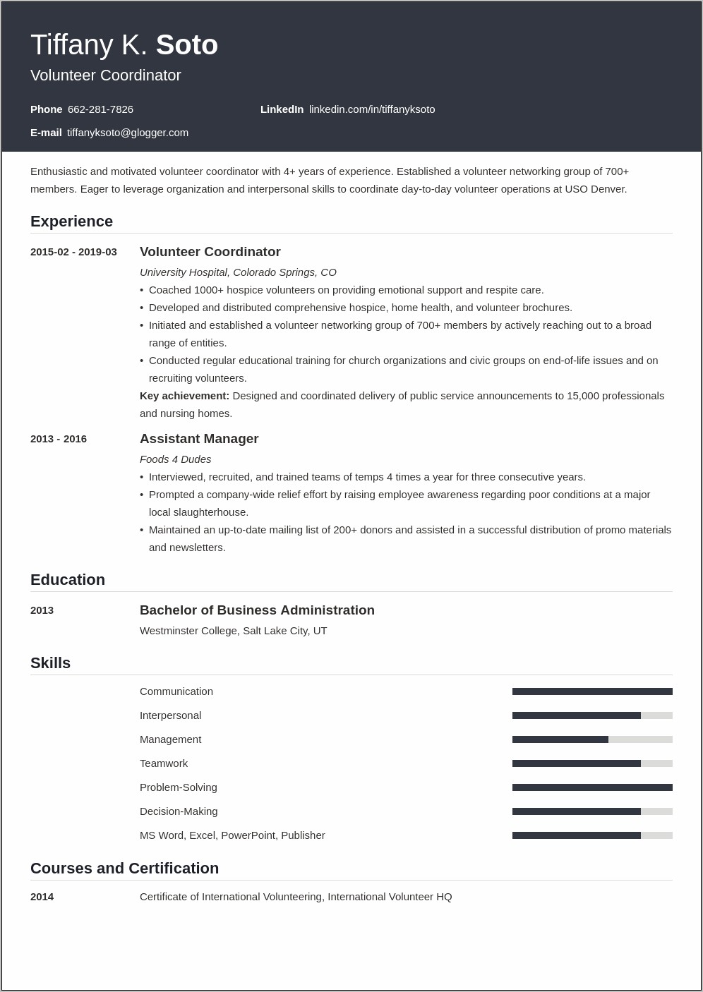 Volunteer Coordinator Job Description Resume