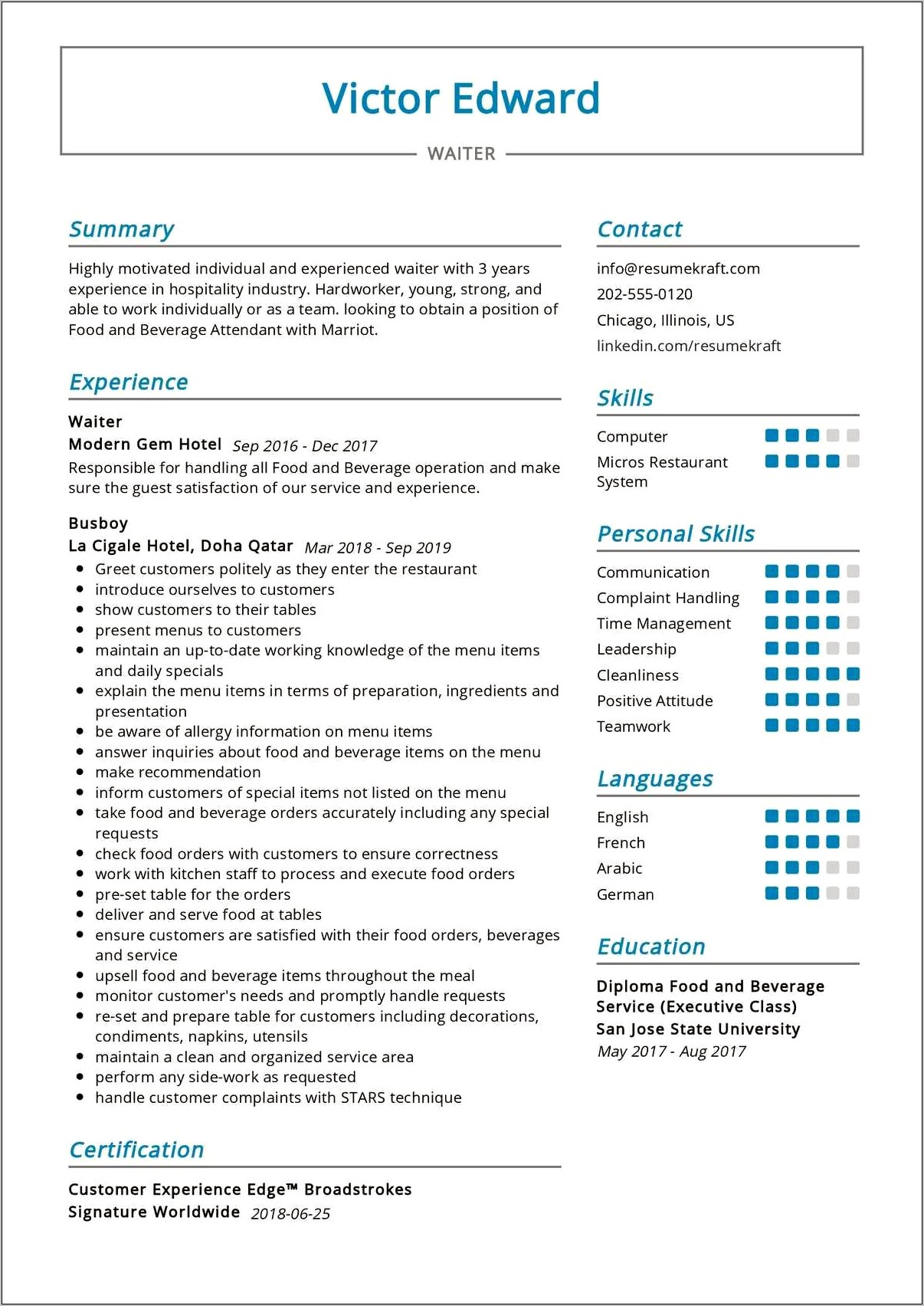 Waiter Job Description Resume Sample