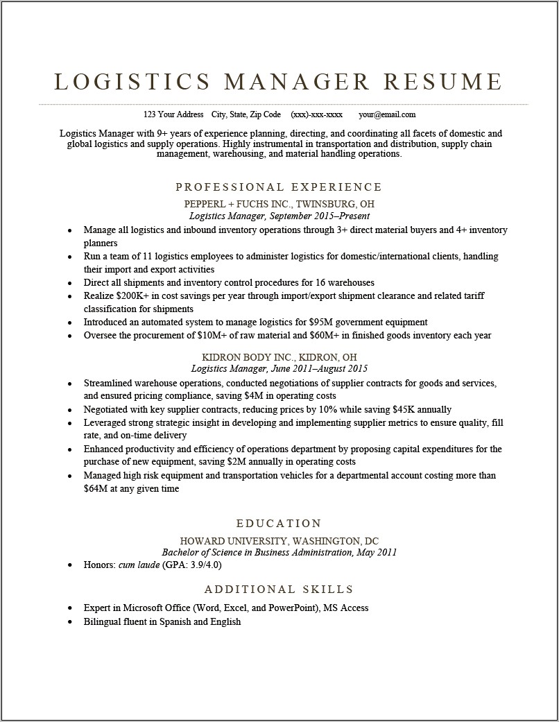 Warehouse Manager Resume Objective Examples