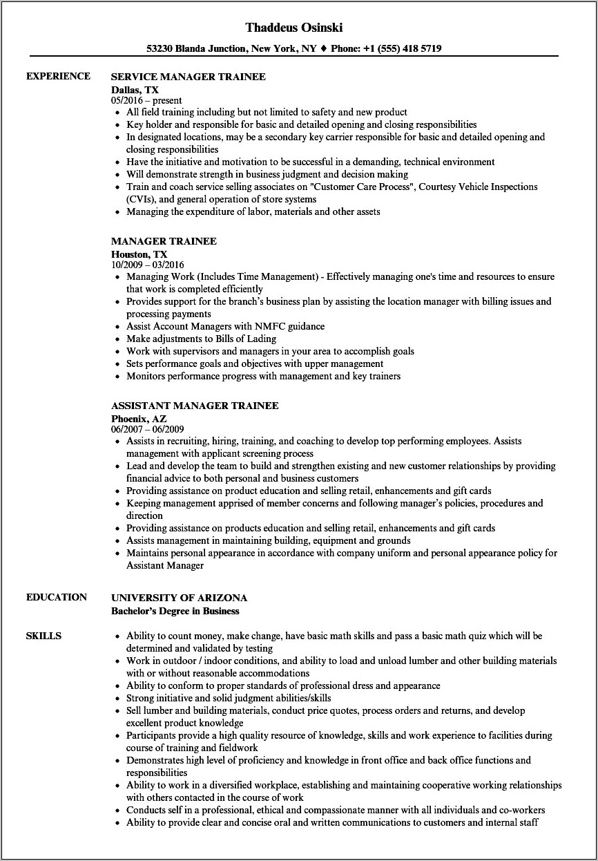 Warehouse Manager Trainee On Resume
