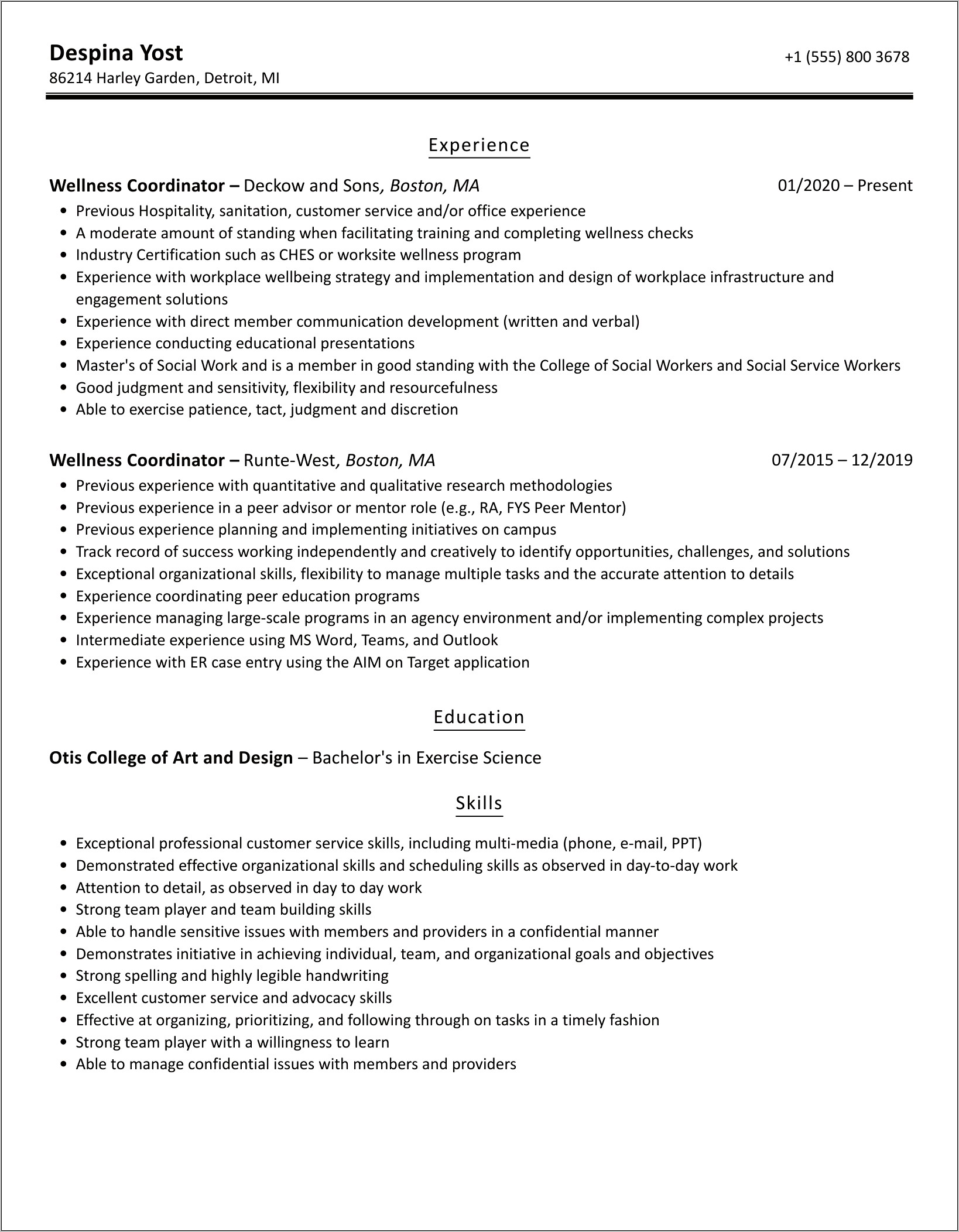 Wellness Coordinator Job Description Resume