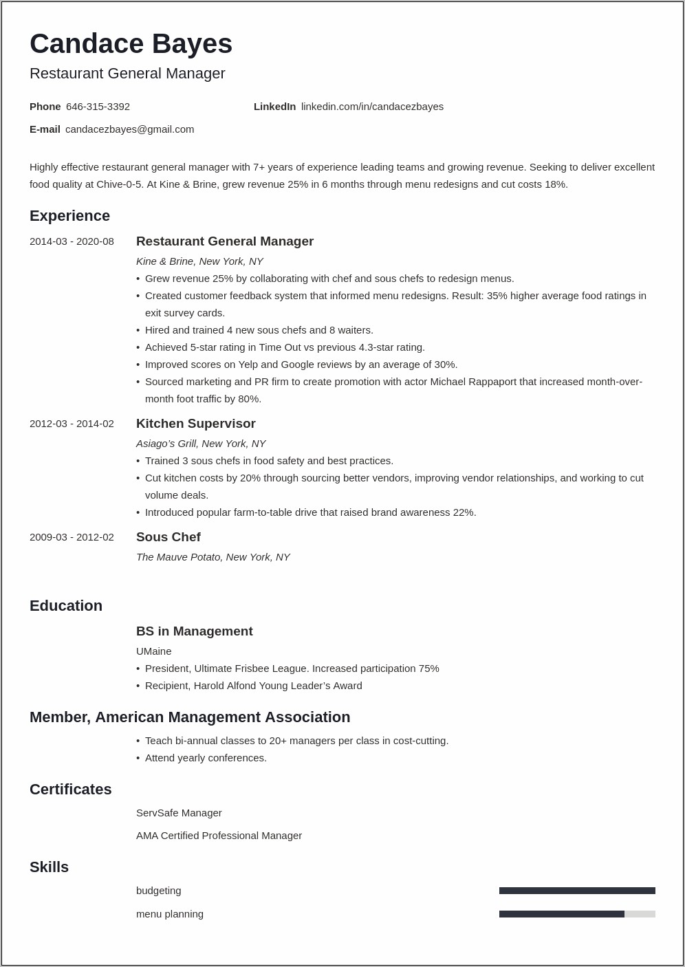Wendy's General Manager Resume