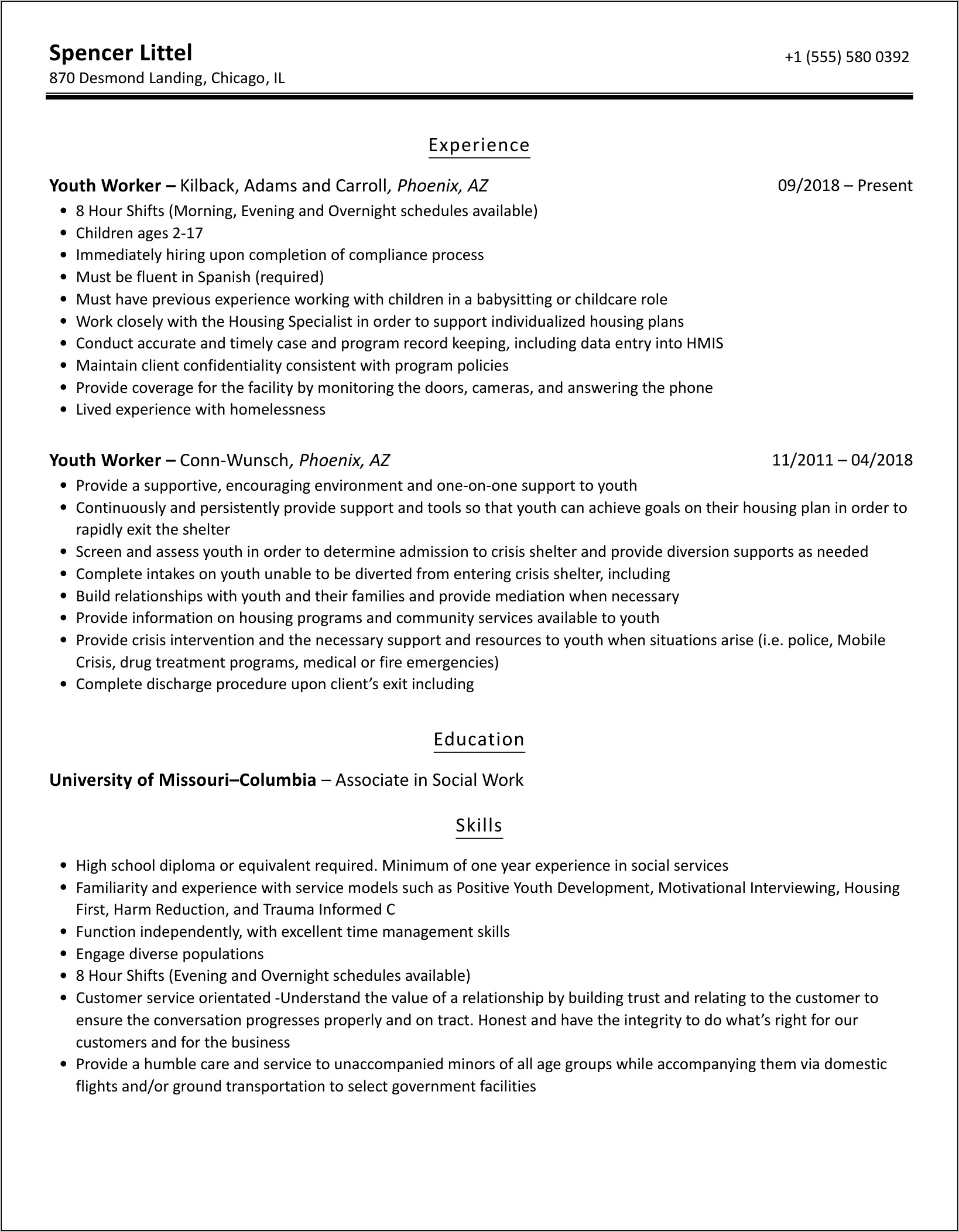 Youth Service Officer Resume Objective
