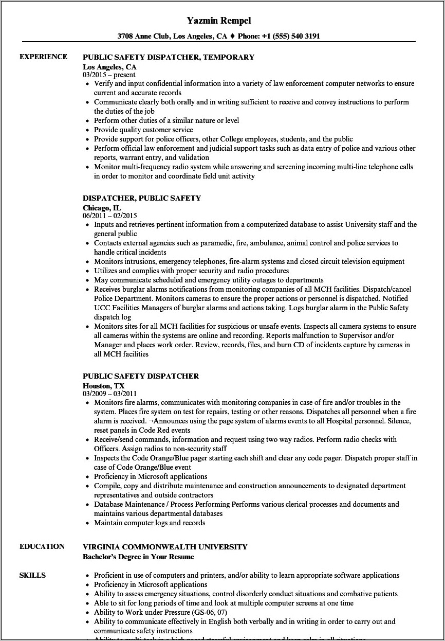 911 Dispatcher Job Description Resume