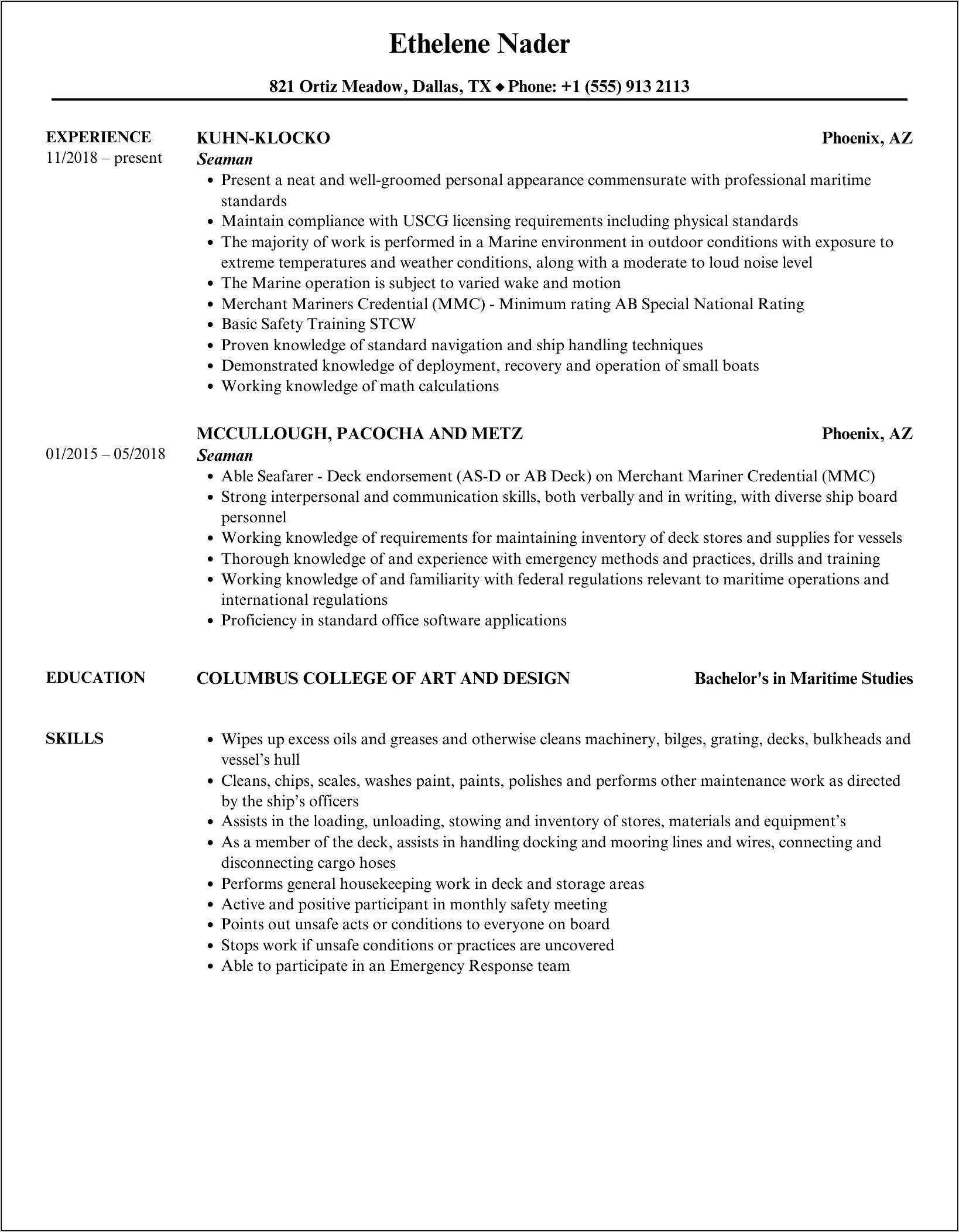 Able Bodied Seaman Resume Example