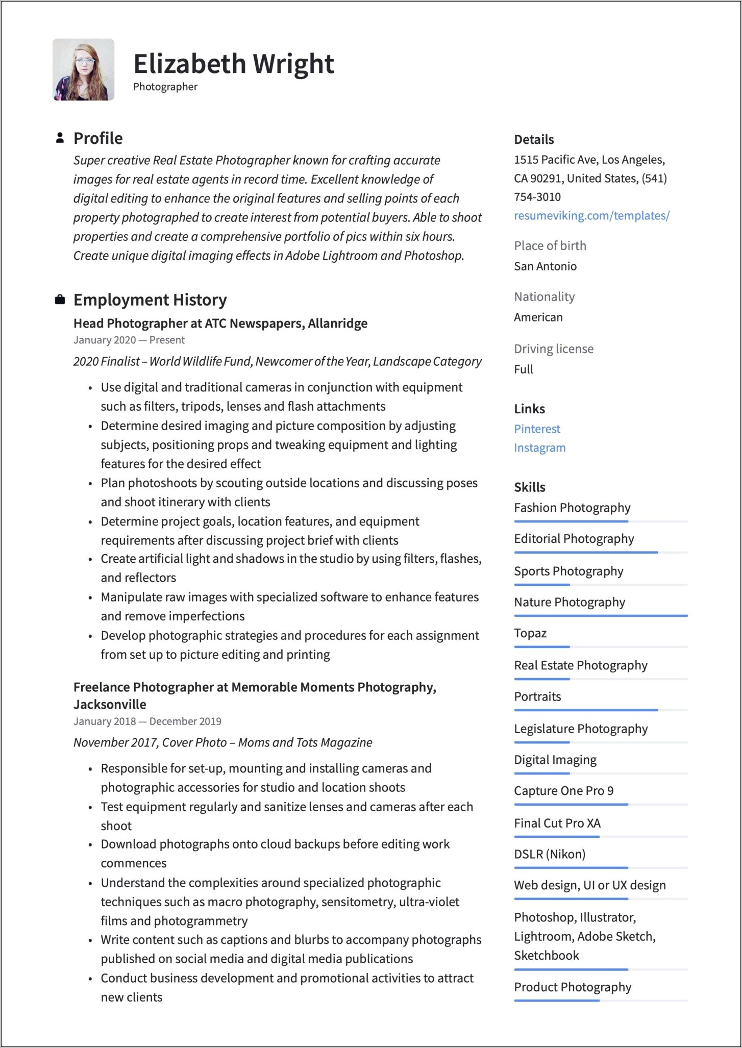 About Me Resume Examples Photographer