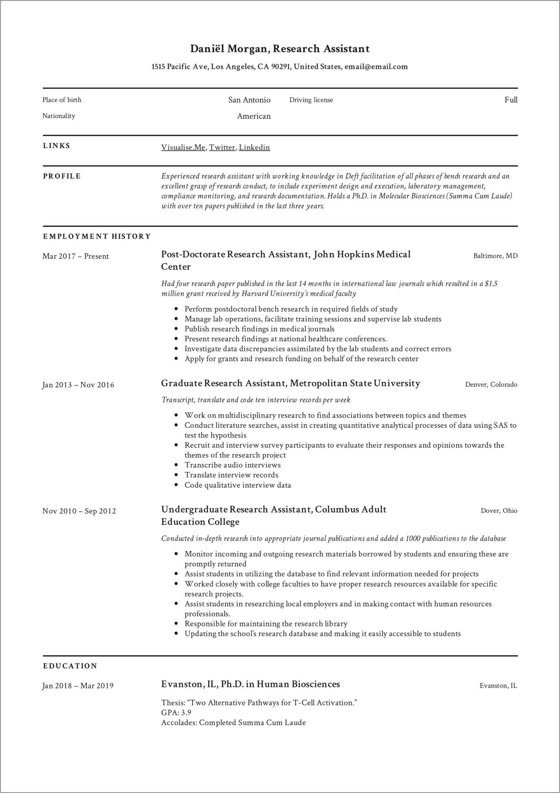Academic Research Assistant Resume Sample