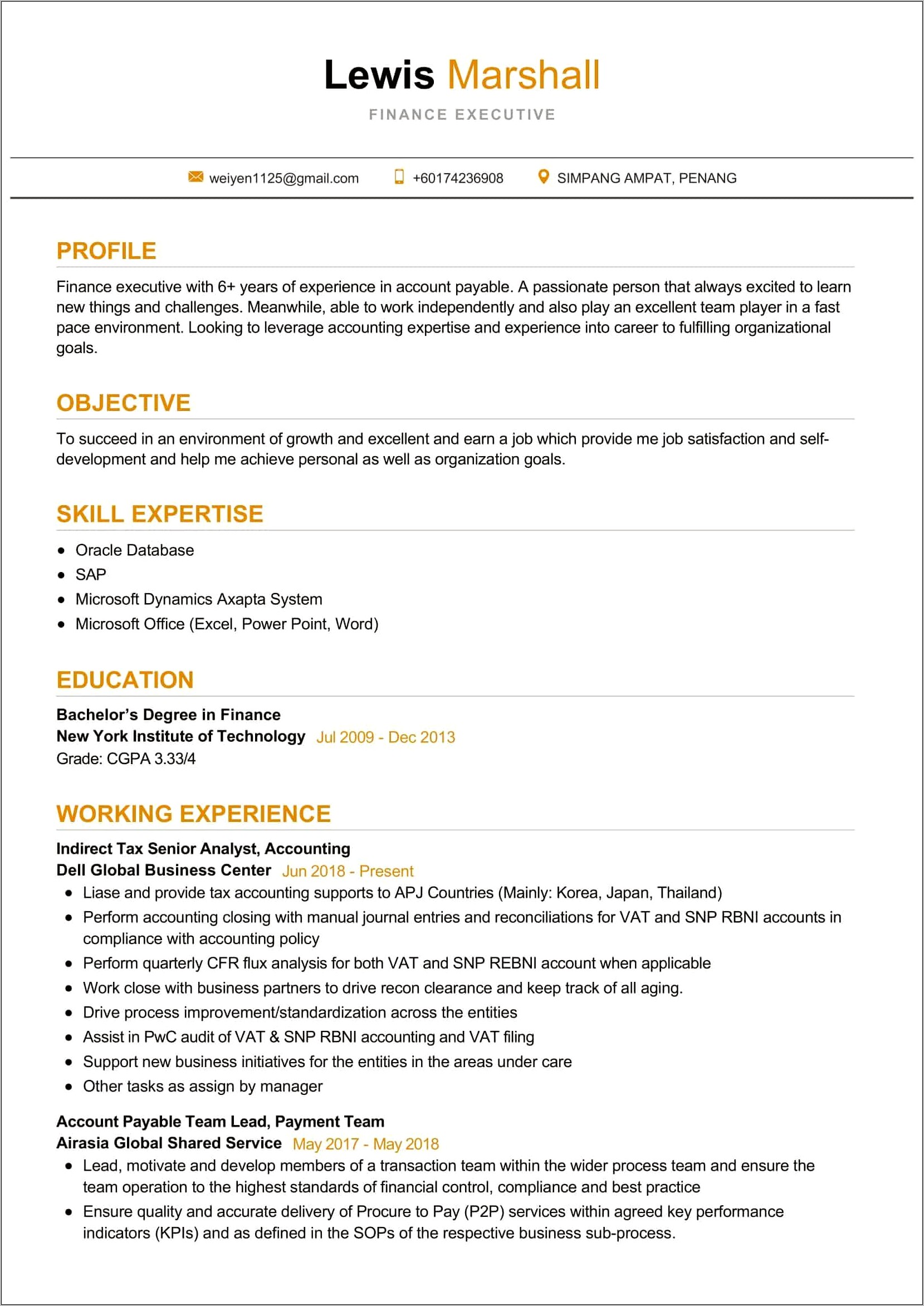 Accounting And Finance Sample Resume