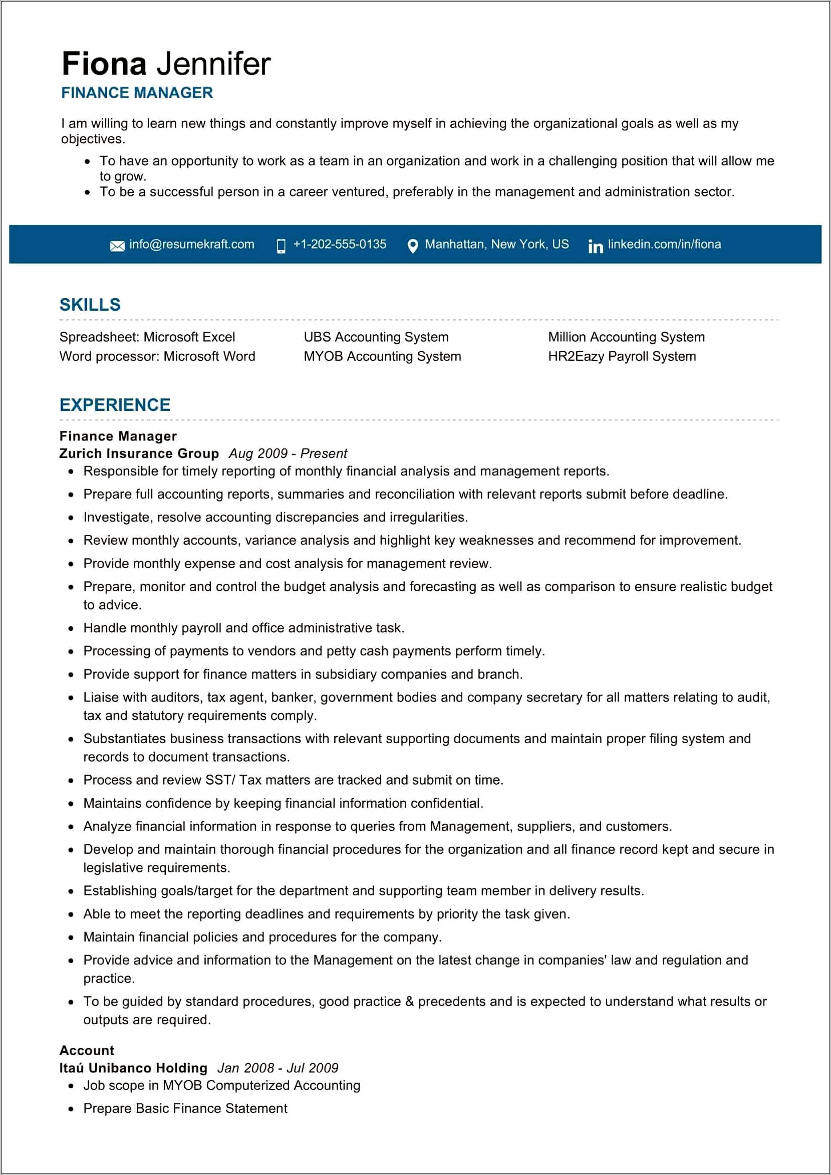 Accounting Manager Resume Summary Statement