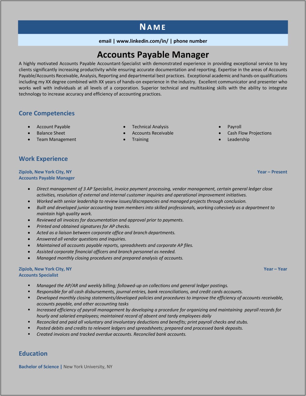 Accounts Payable Manager Resume Summary