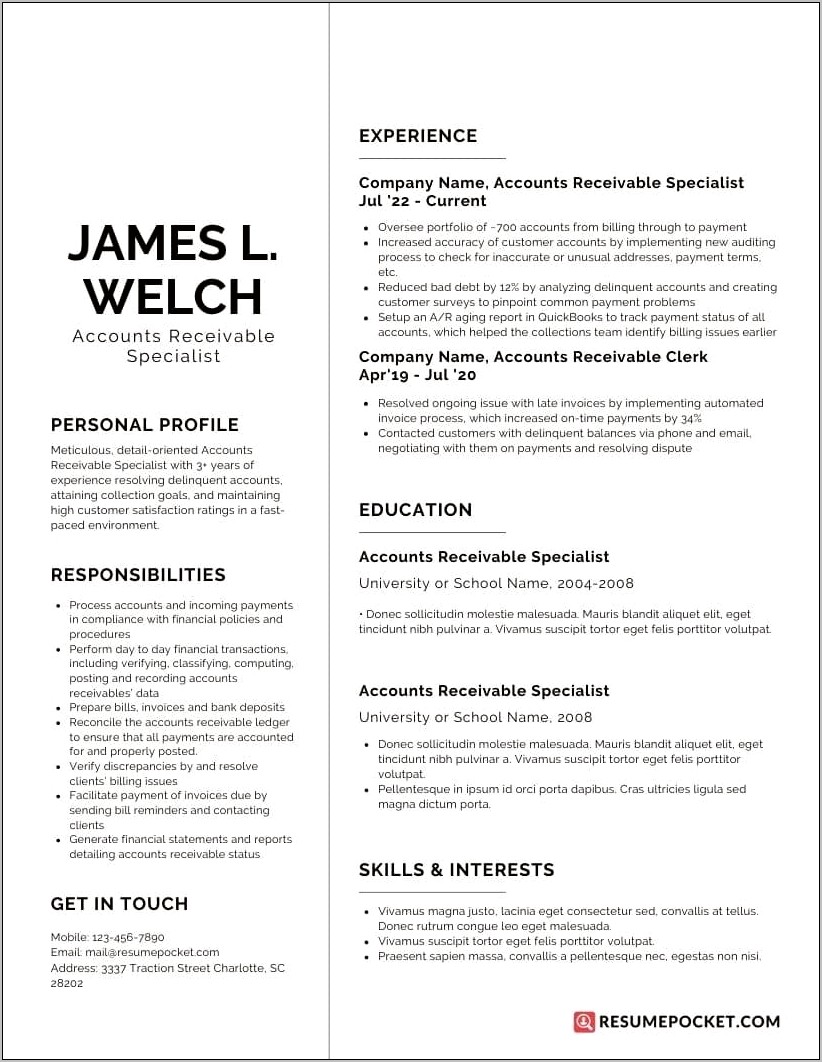 Accounts Receivable Specialist Resume Objective