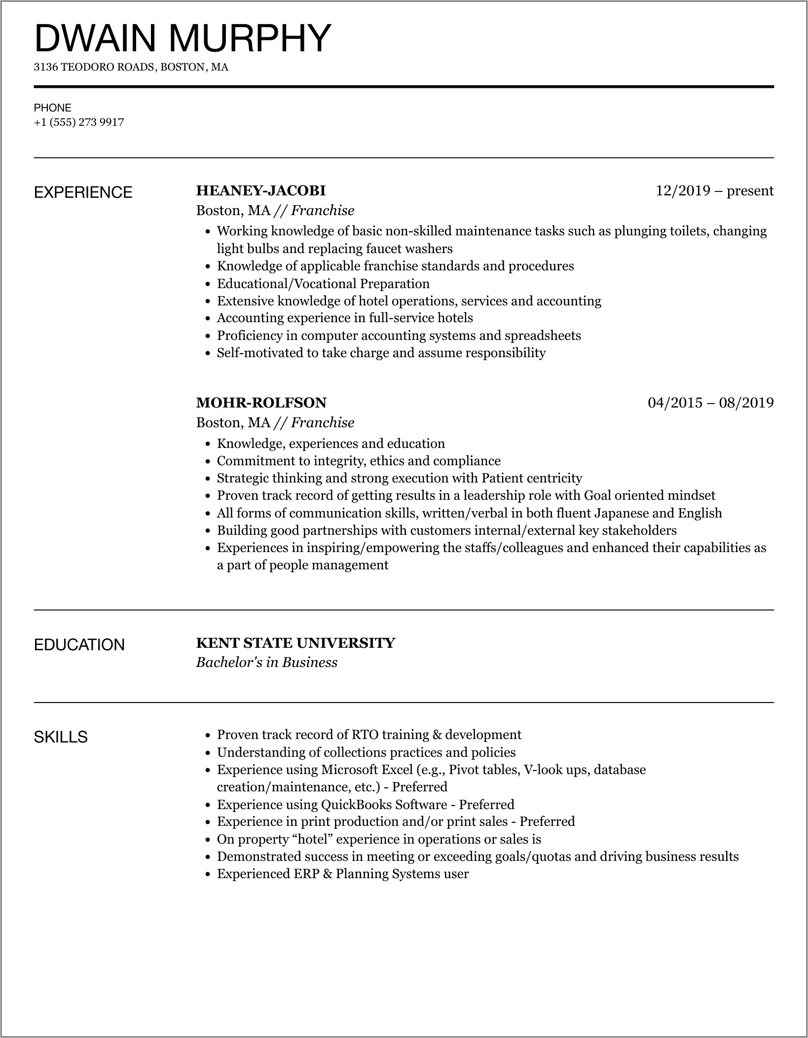 Achievements Franchise Owner Resume Example