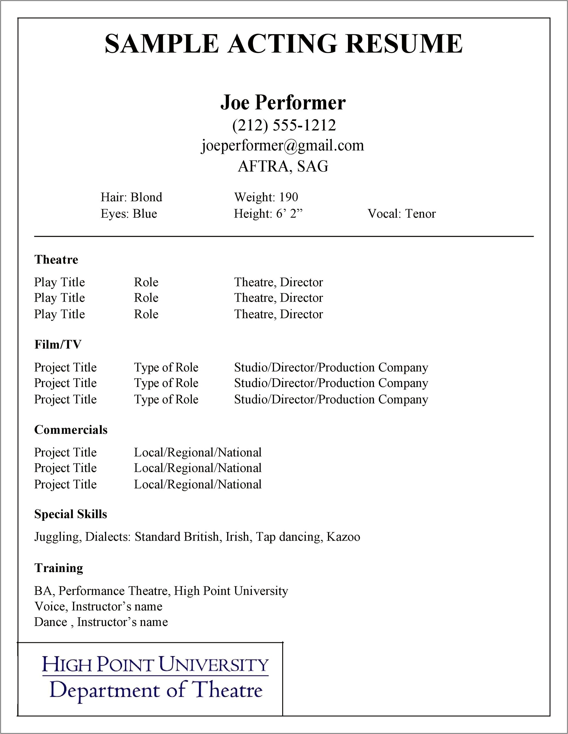 Acting Resume Example For Novice