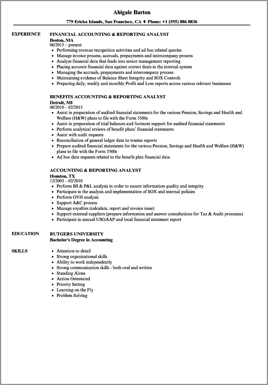 Action Verb Accounting Resume Sample