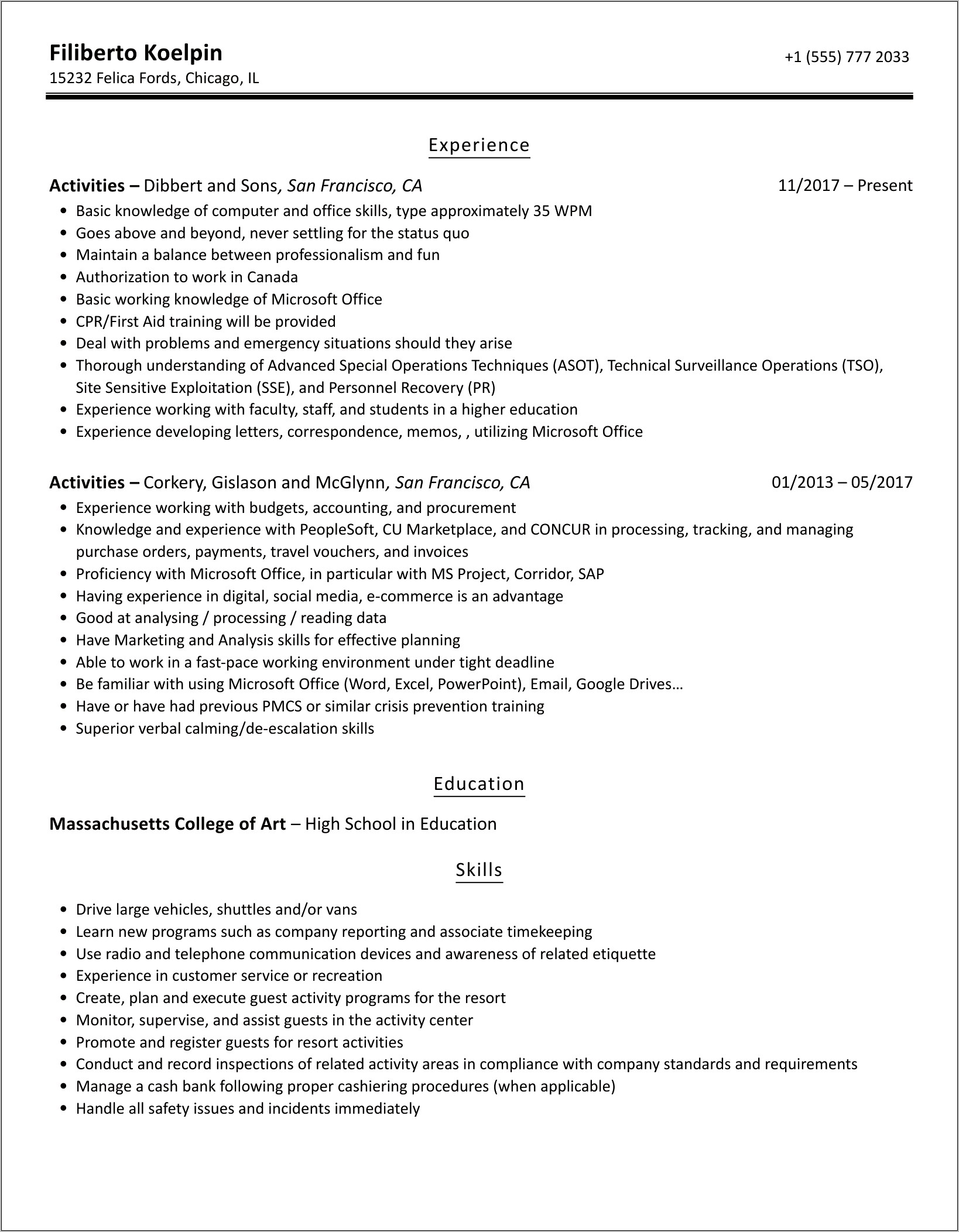 Activities Job Description For Resume