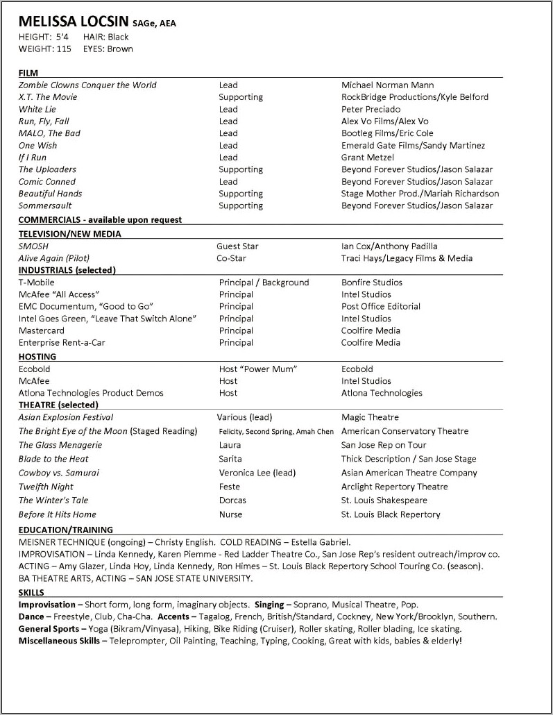 Actor Resume Free Word Template