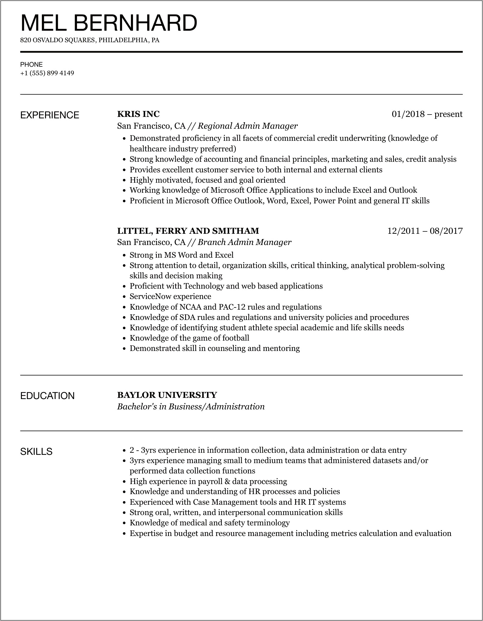 Admin Manager Resume Format India