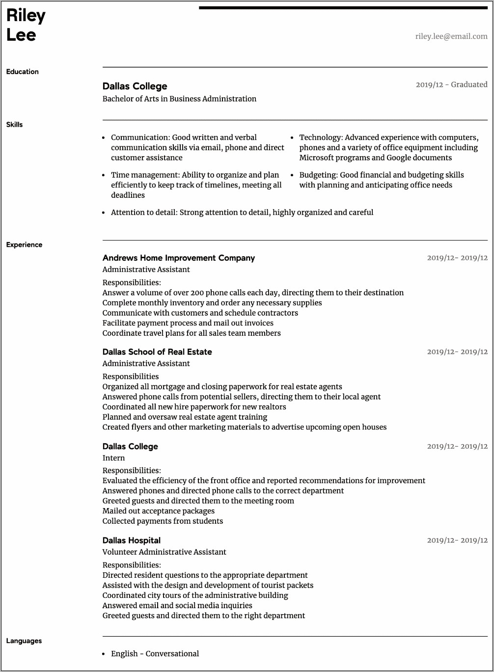 Administrative Assistant Skills Training Resume