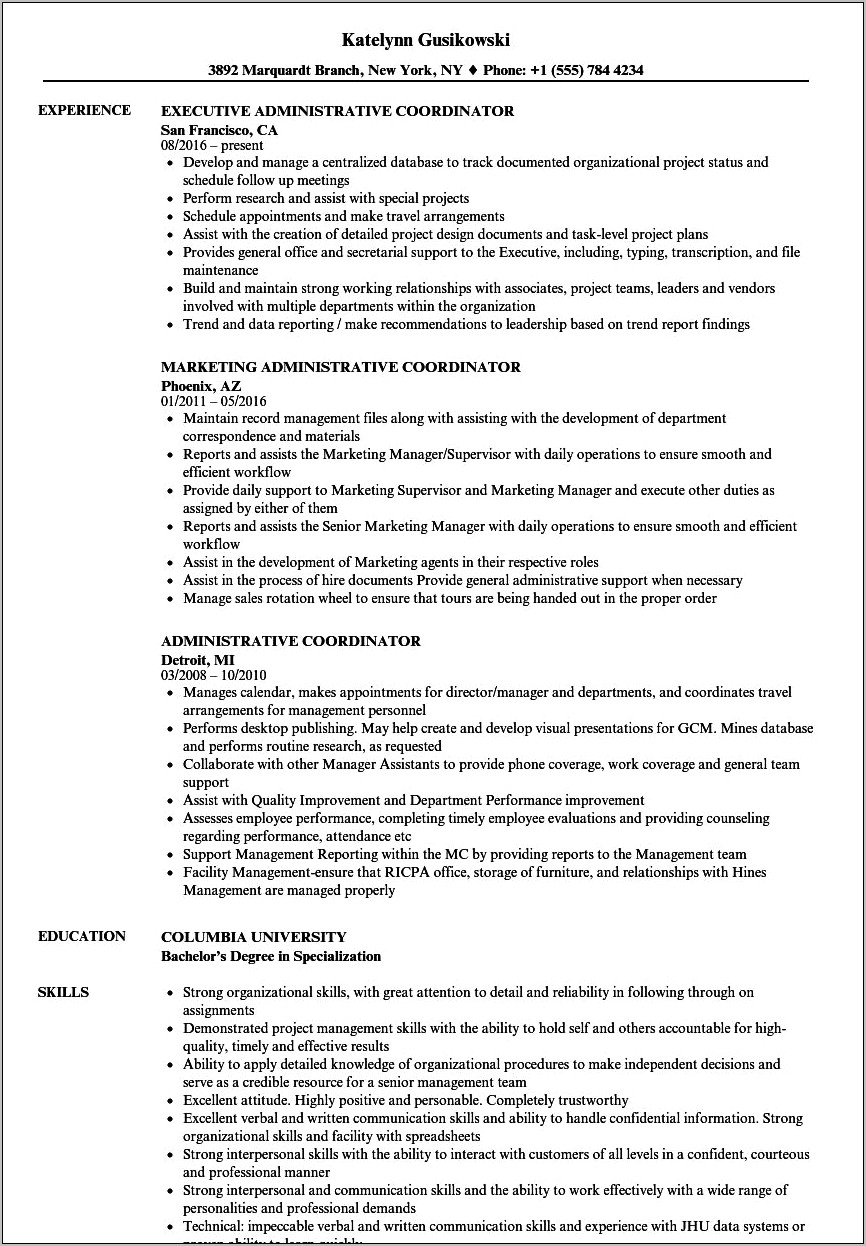Administrative Coordinator Job Description Resume