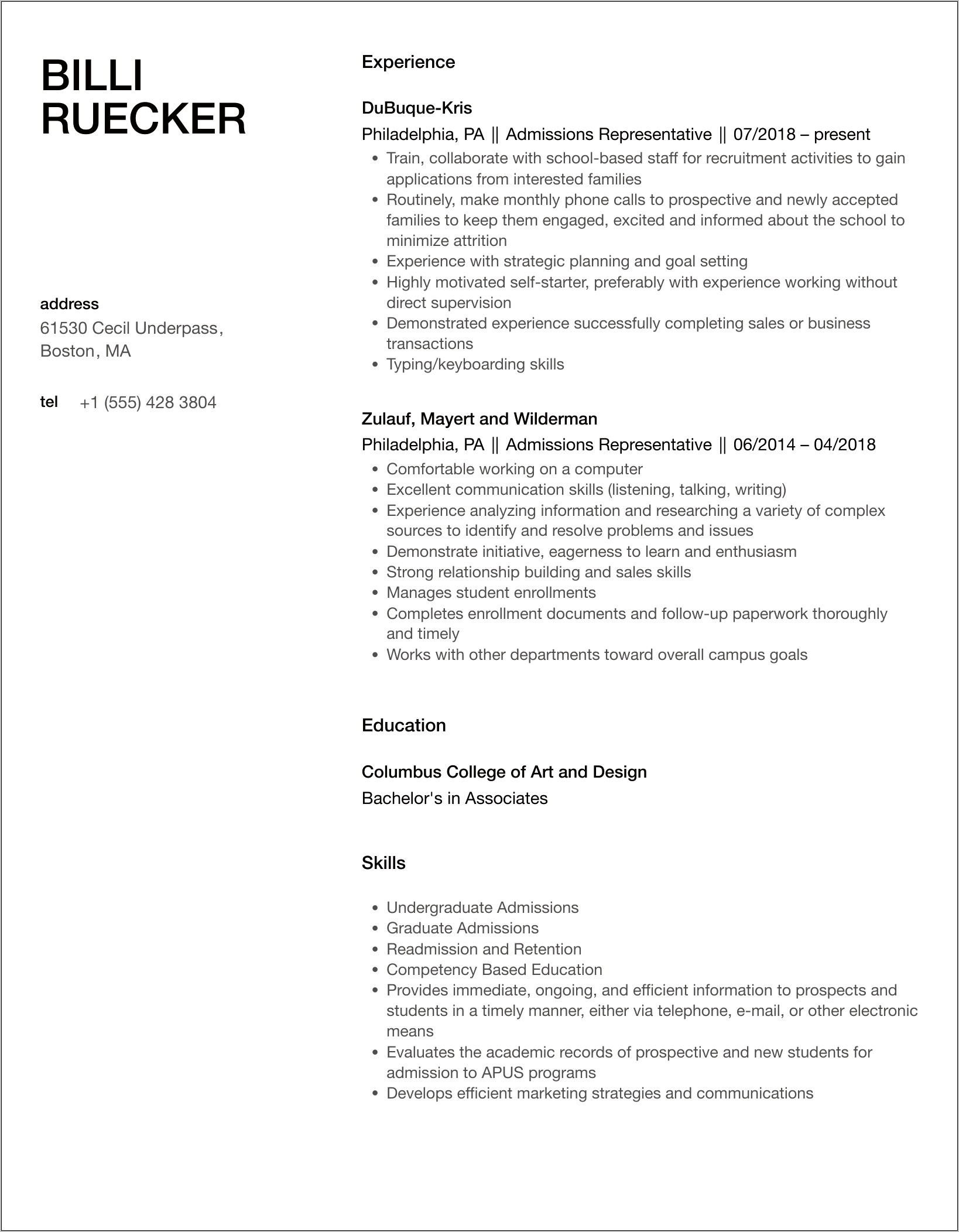 Admissions Representative Job Description Resume