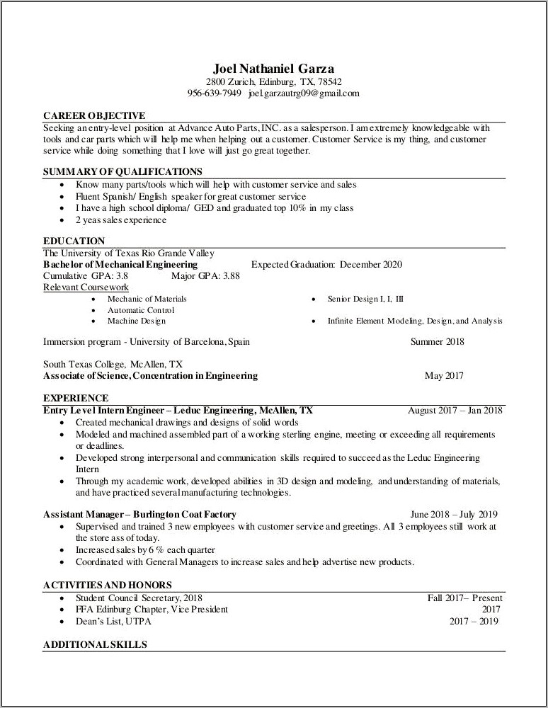 Advance Auto Parts Manager Resume
