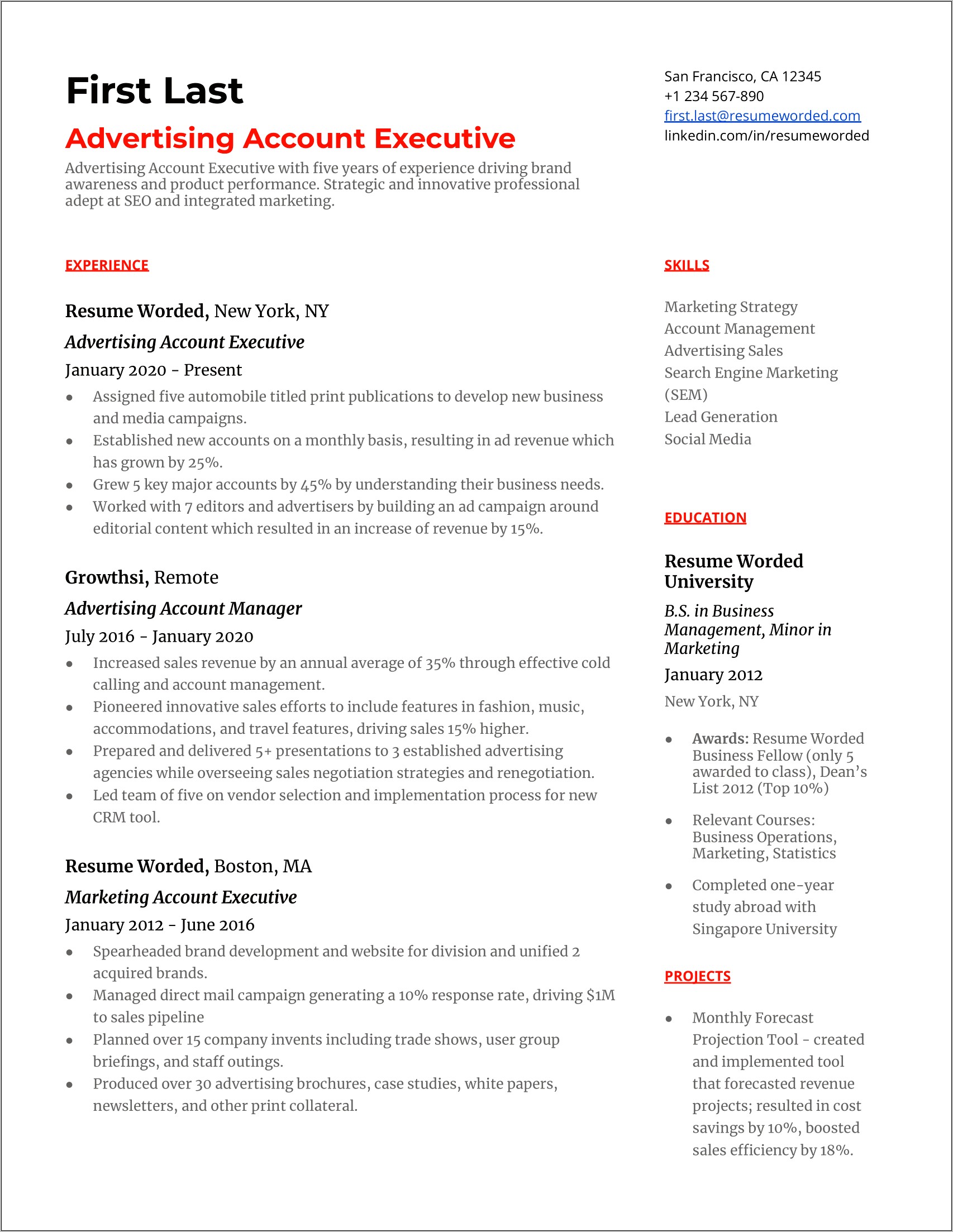 Advertising Account Executive Resume Example