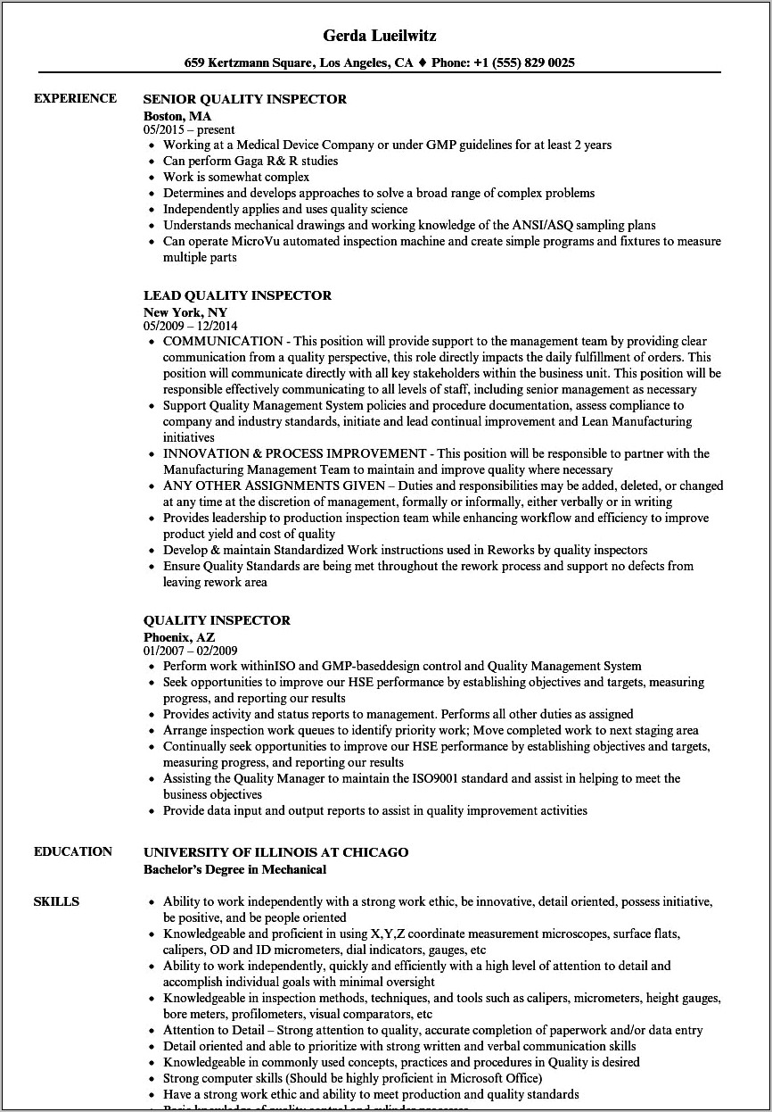 Aerospace Manufacturing Inspector Resume Examples